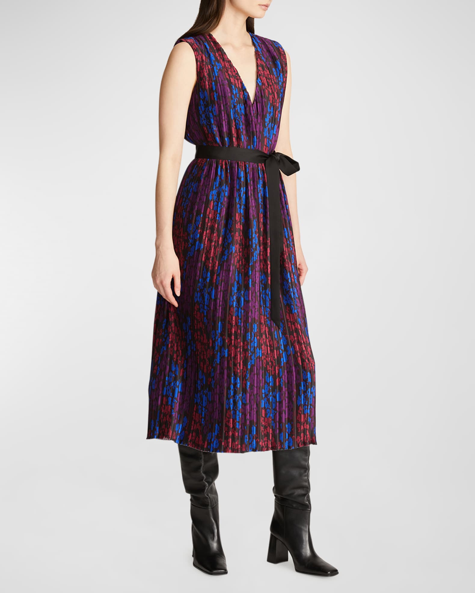 Halston Kieran Floral Sleeveless Pleated Tie-Belt Midi Dress | Neiman ...