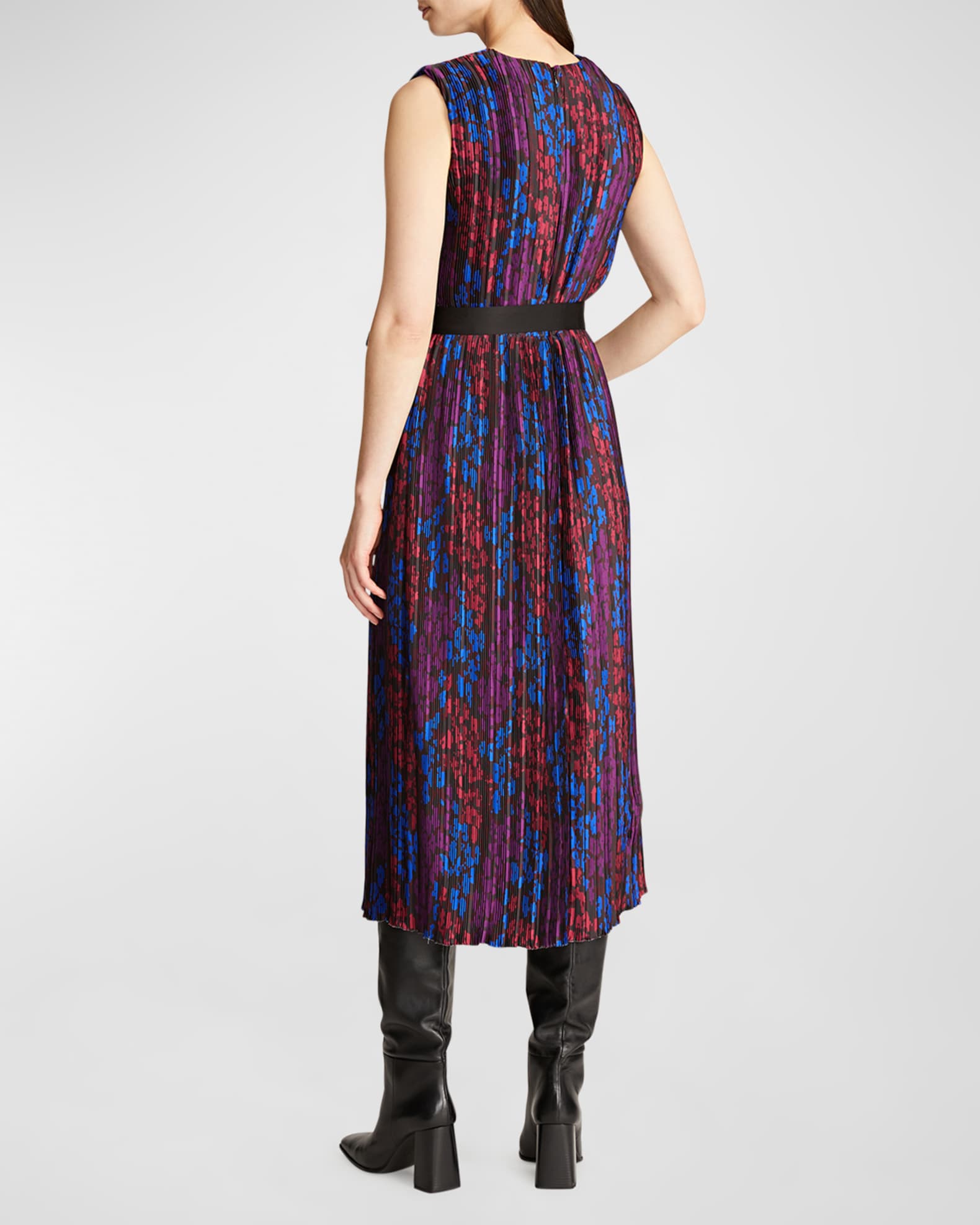 Halston Kieran Floral Sleeveless Pleated Tie-Belt Midi Dress | Neiman ...