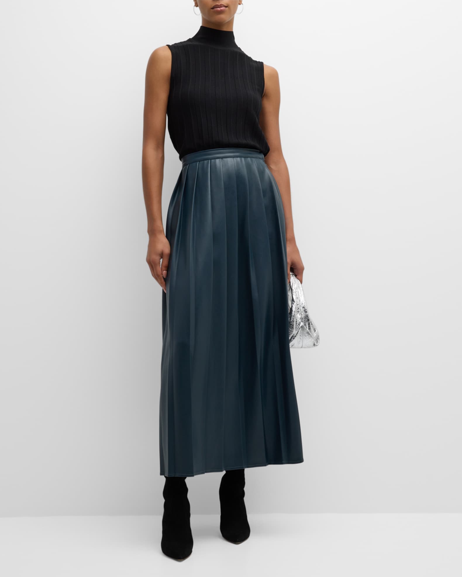 Misook Pleated Vegan Leather Midi Skirt | Neiman Marcus