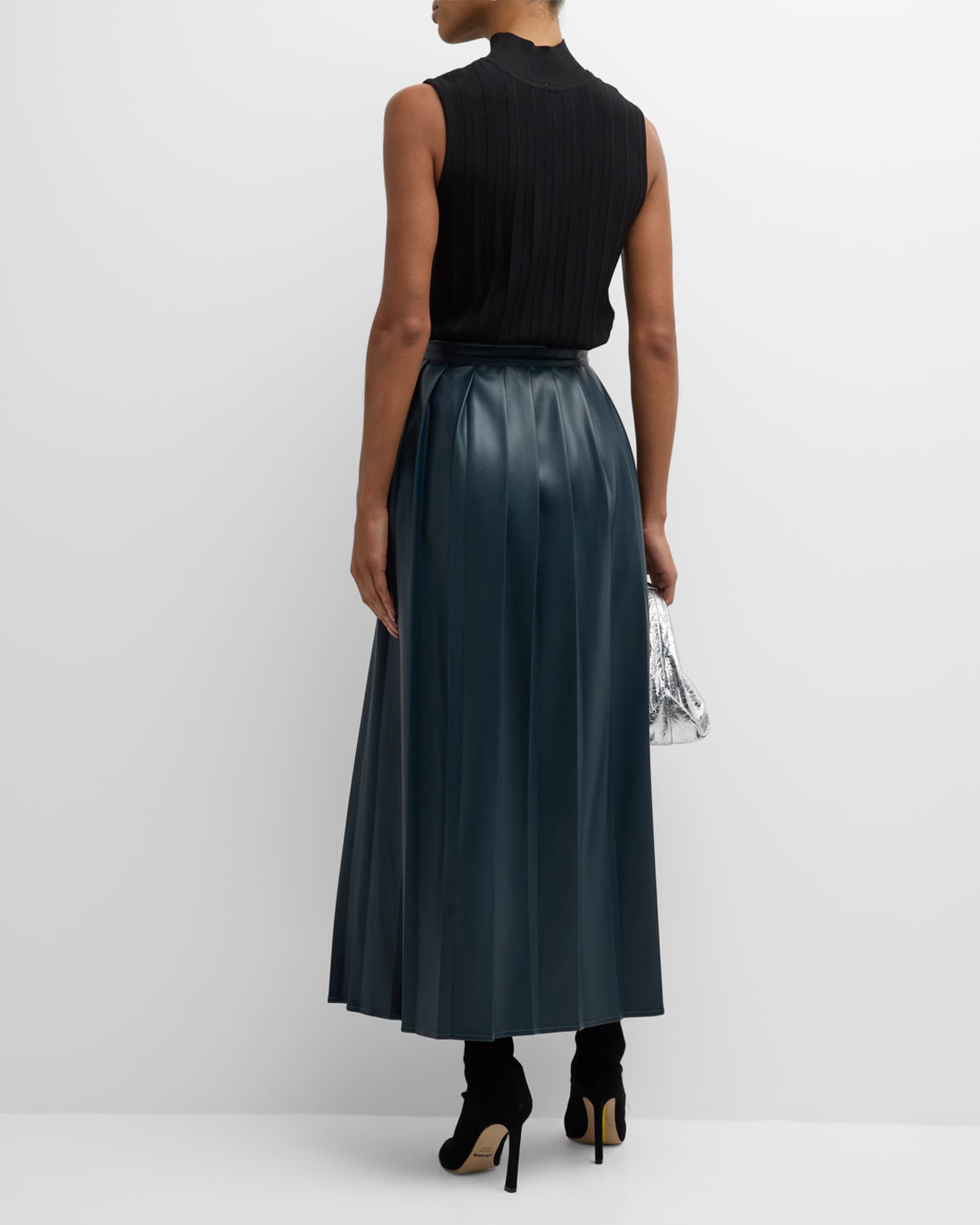 Misook Pleated Vegan Leather Midi Skirt | Neiman Marcus