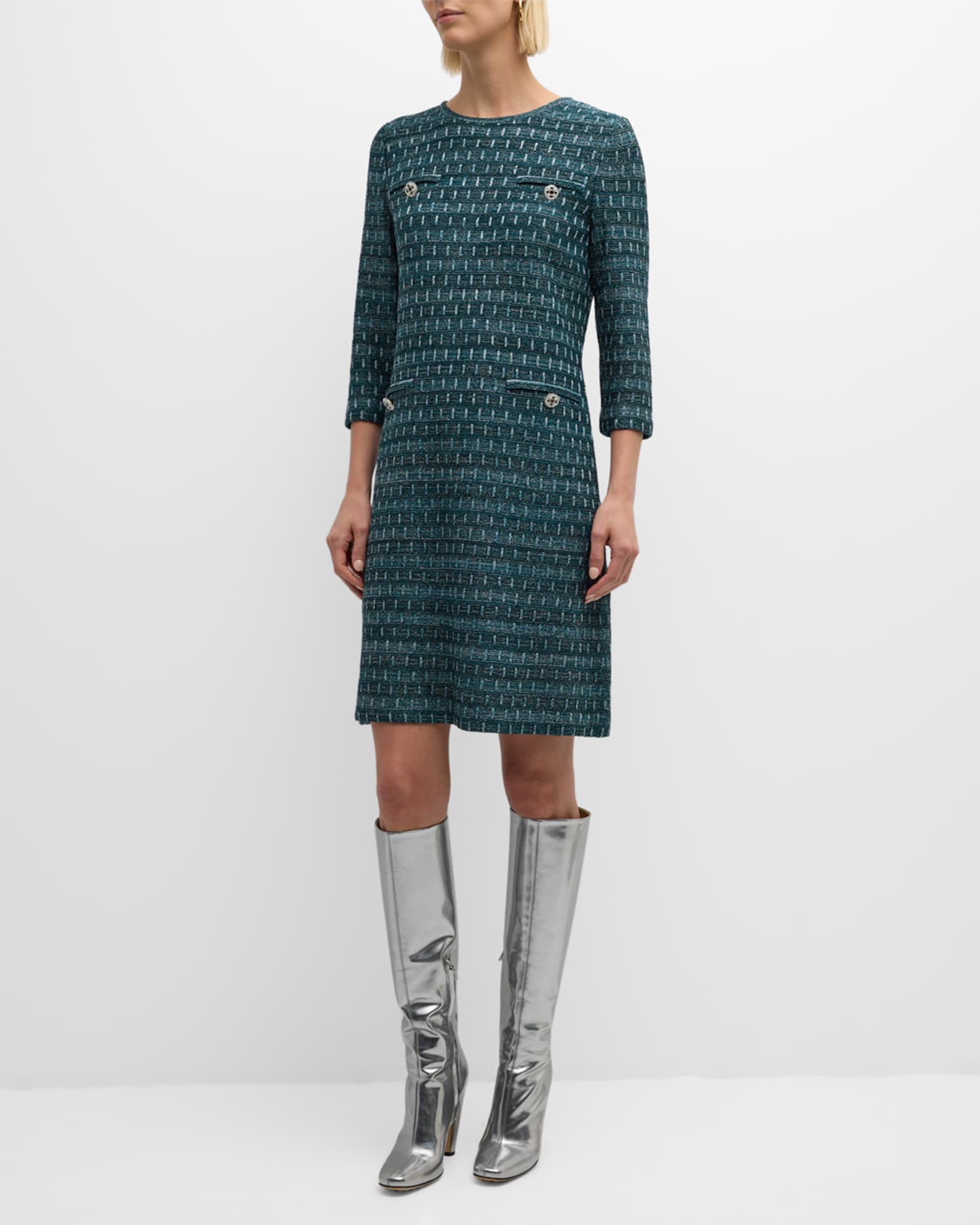 3/4-Sleeve Metallic Tweed Knit Midi Dress 1