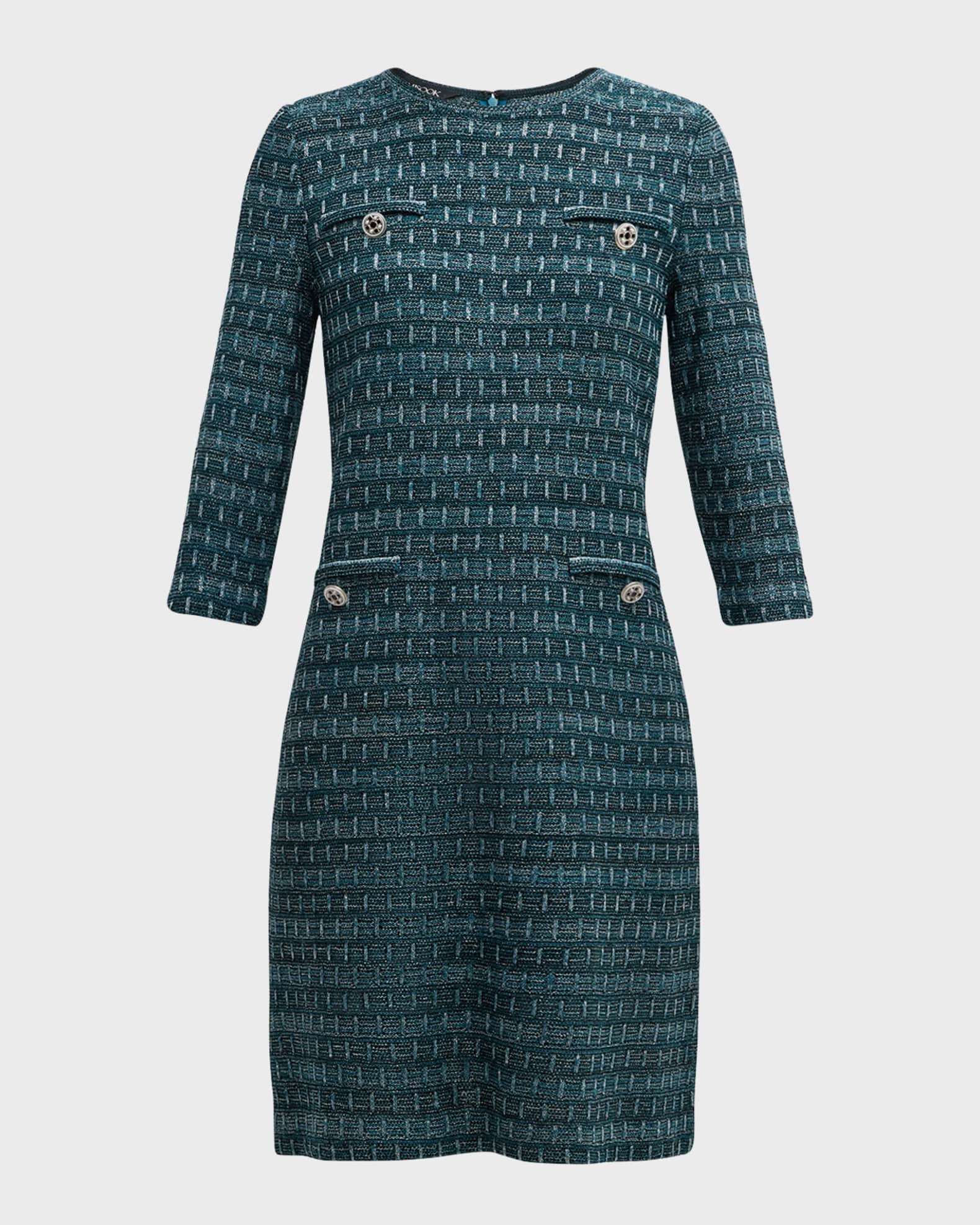 3/4-Sleeve Metallic Tweed Knit Midi Dress 0