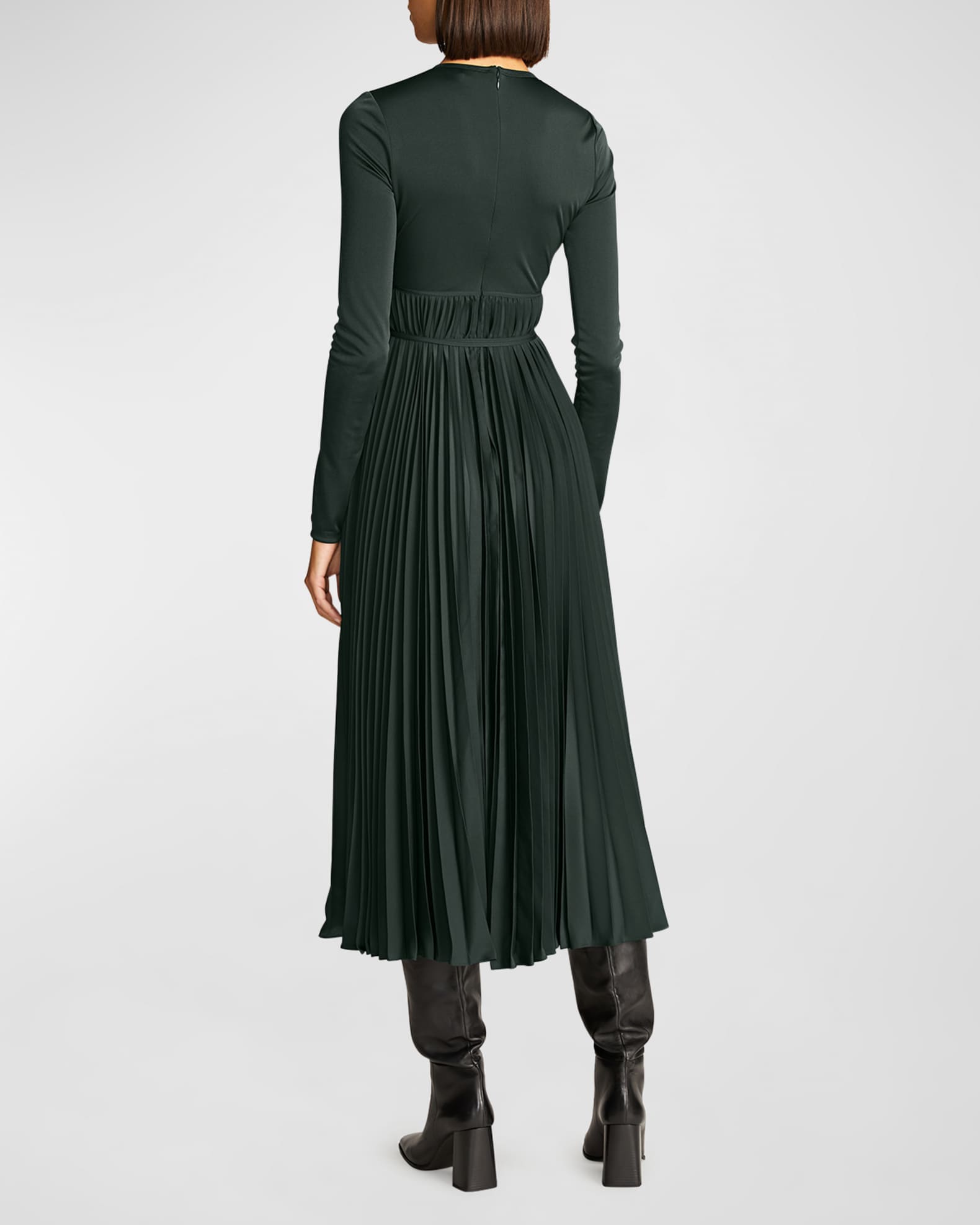 Halston Doreen Pleated A-Line Jersey Midi Dress | Neiman Marcus