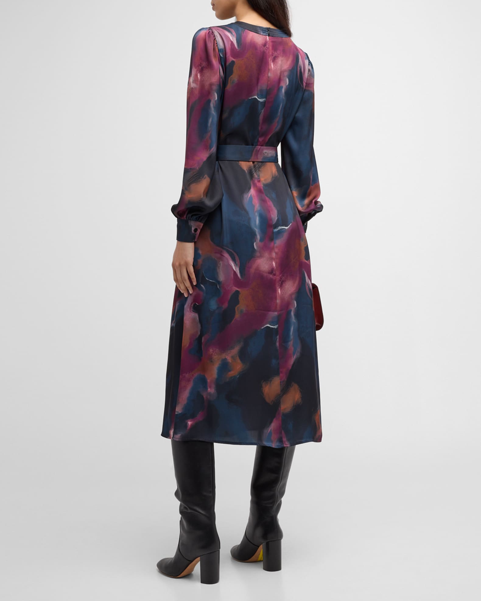 Misook Belted Watercolor-Print Midi Dress | Neiman Marcus