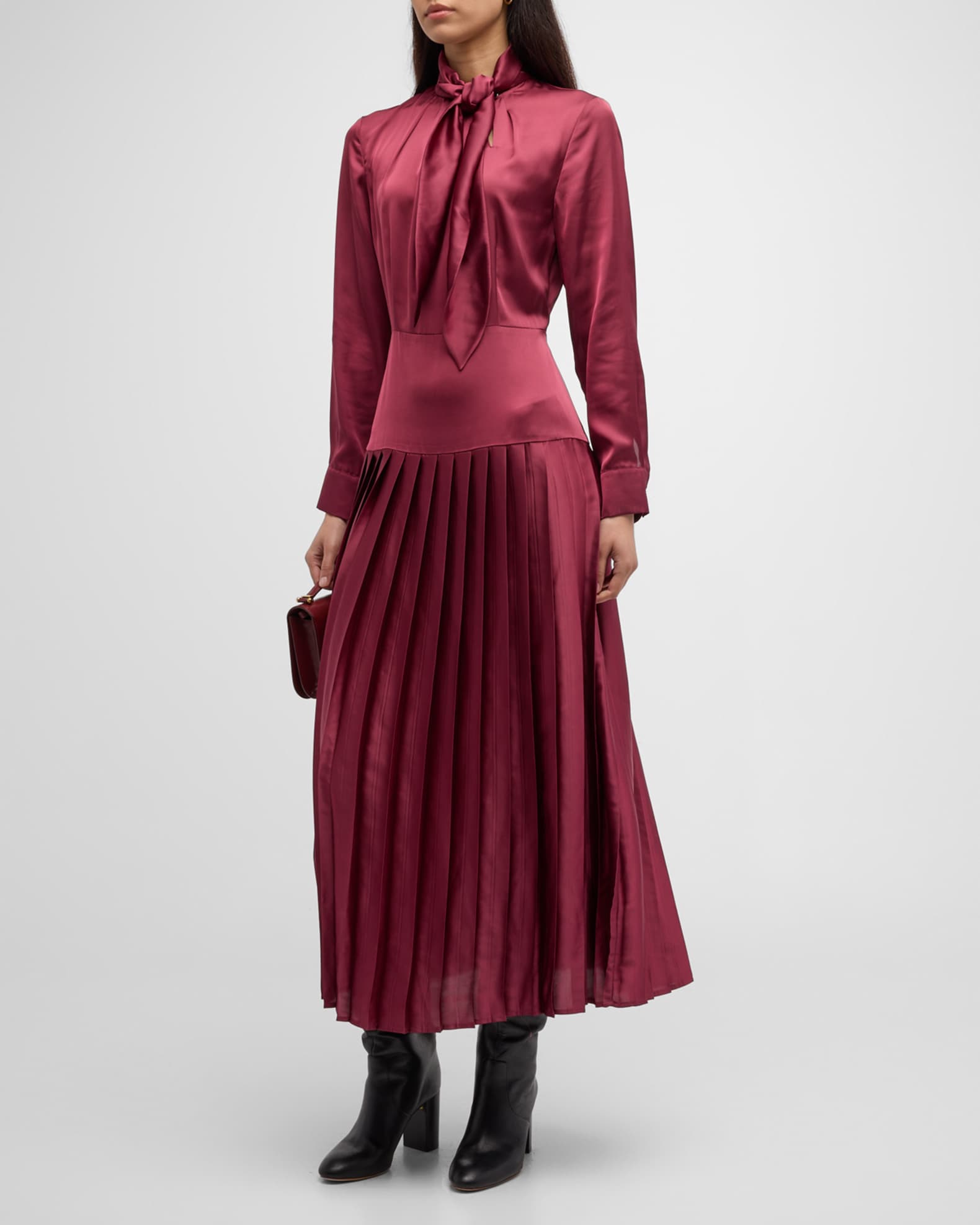 pleated tie neck dress