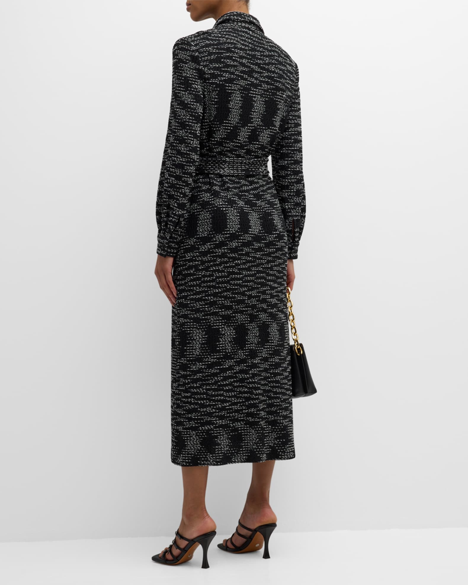 Belted Button-Down Tweed Knit Midi Dress