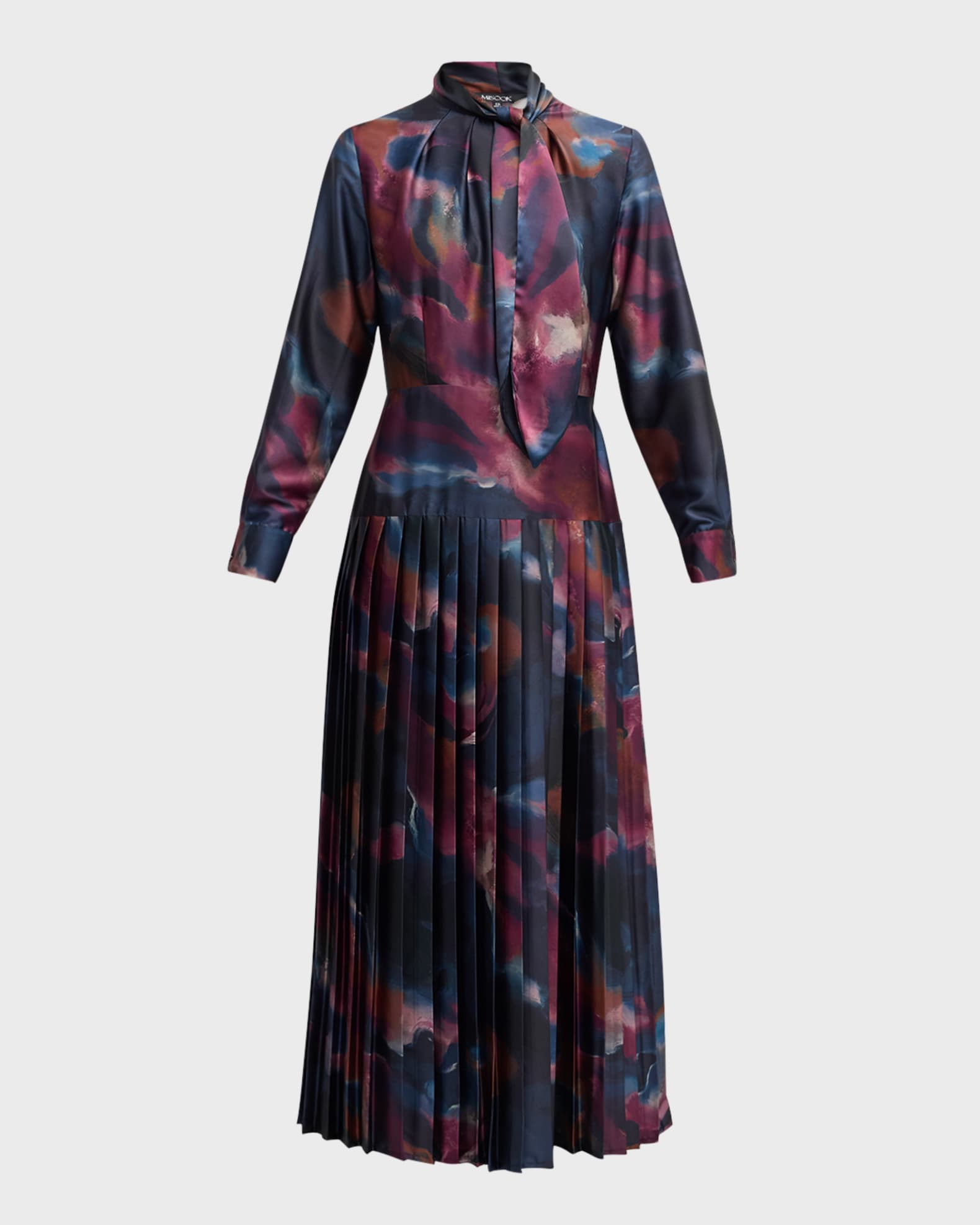 Misook Pleated Tie-Neck A-Line Midi Dress