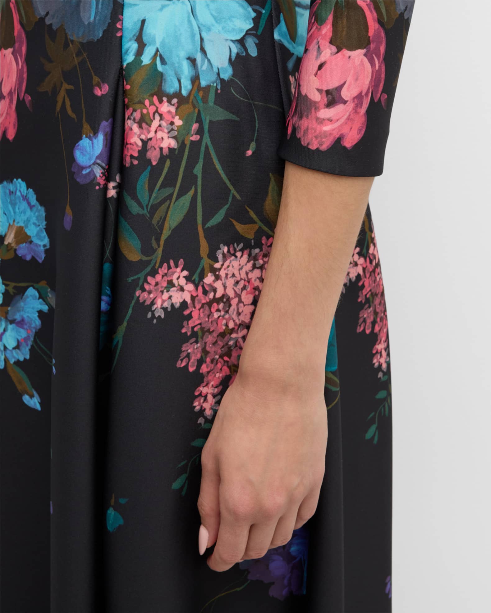 Rickie Freeman for Teri Jon Pleated Floral Print Scuba Dress
