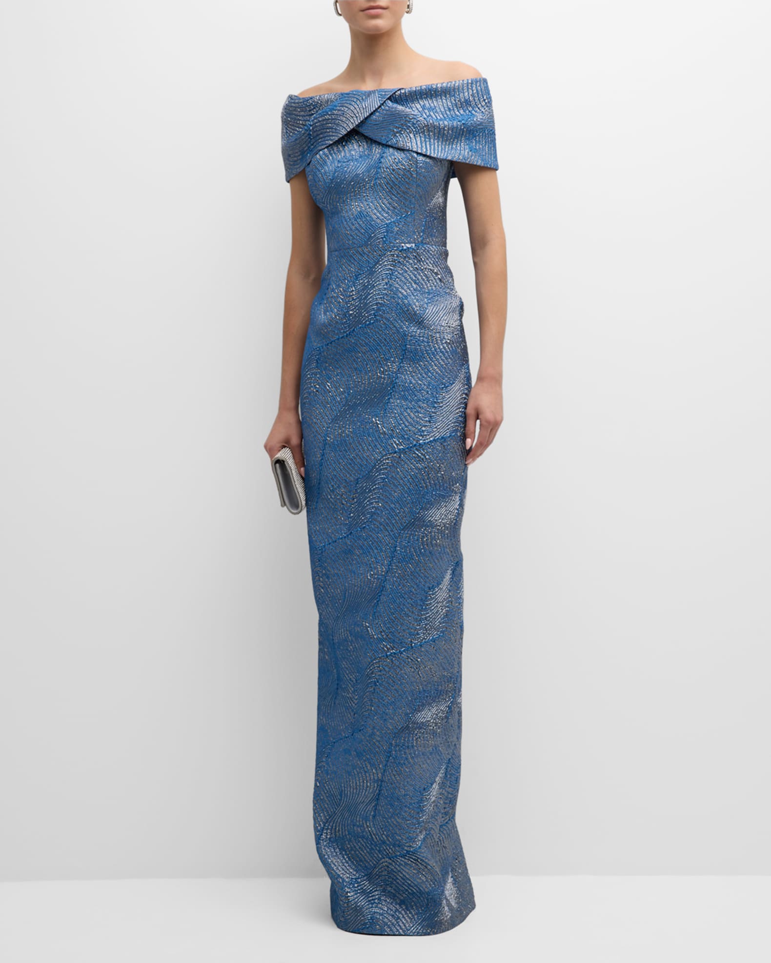Rickie Freeman for Teri Jon OffShoulder Metallic Jacquard Column Gown