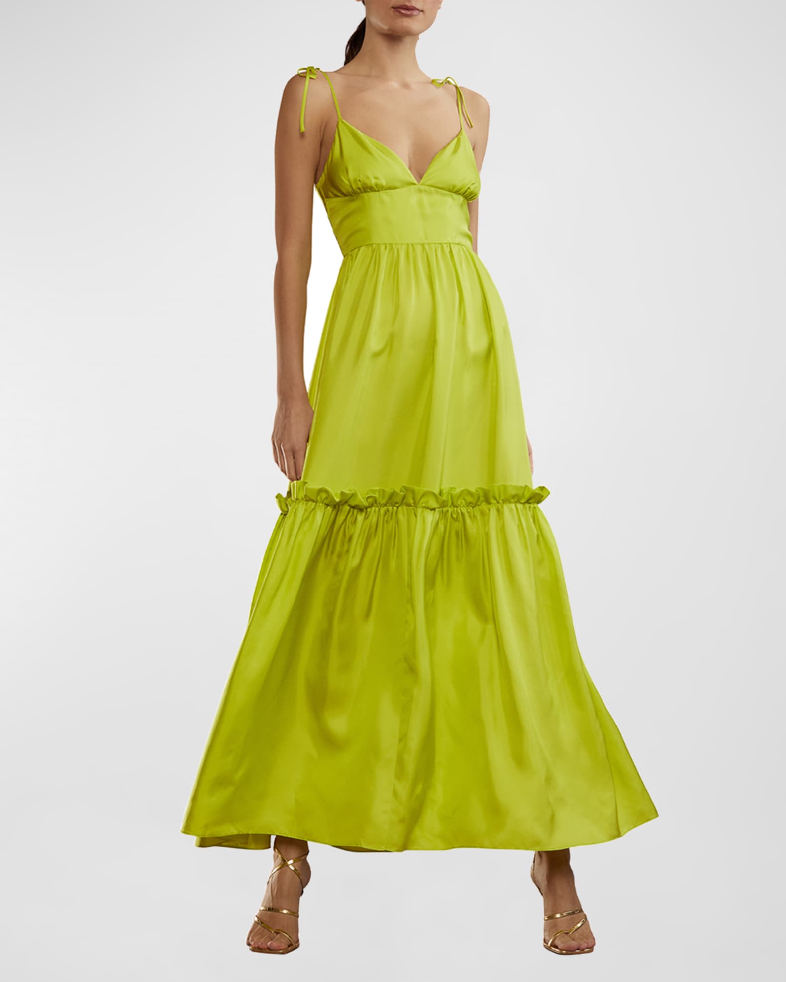 Sleeveless Ruffle Silk Twill Empire Maxi Dress