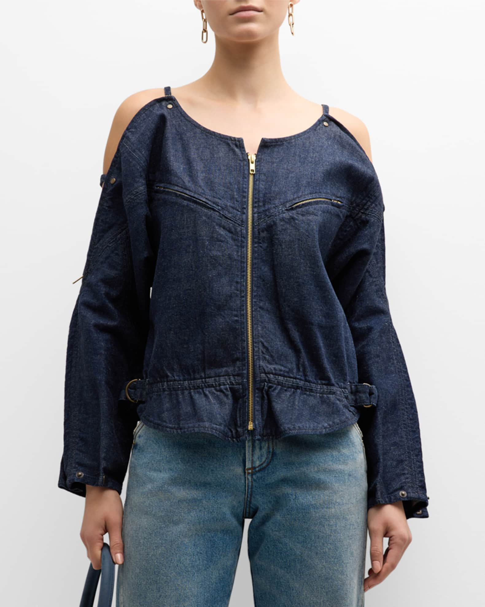 Tulle-paneled Denim Jacket In Blue