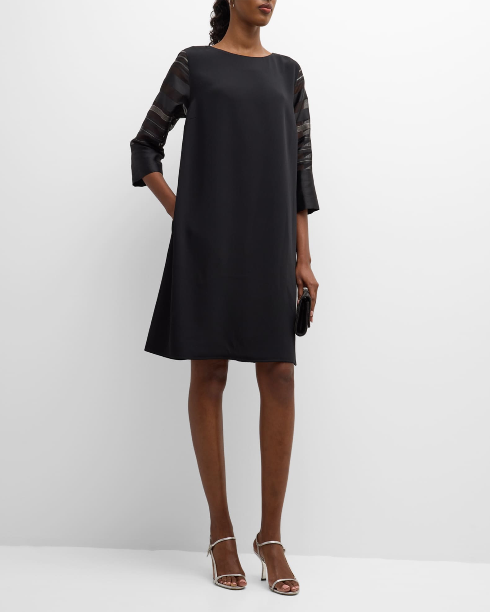 Caroline Rose Striped Sleeve Crepe Midi Shift Dress Neiman Marcus