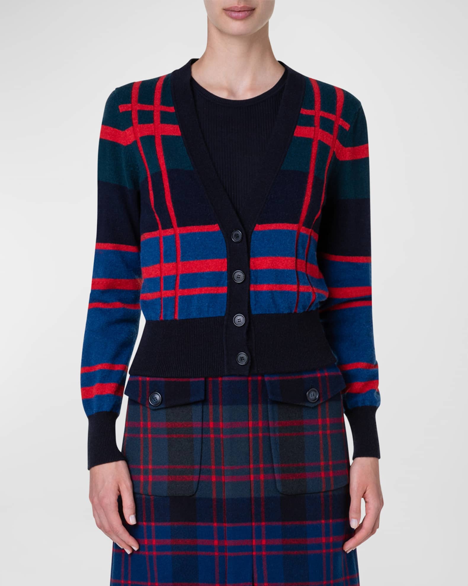 Akris Glencheck Intarsia Cashmere Wool Cardigan