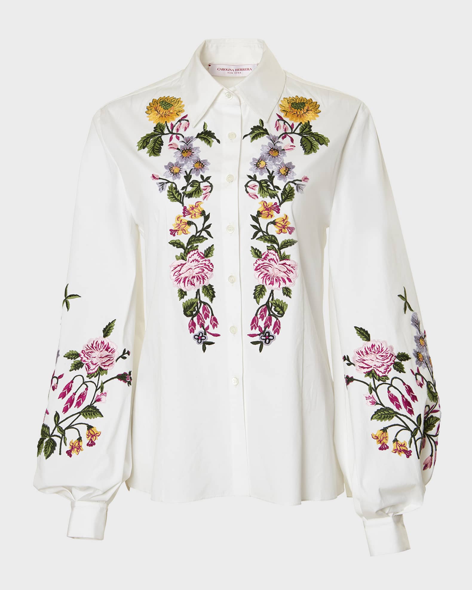 Carolina Herrera Floral Embroidered Puff-Sleeve Collared Top | Neiman ...