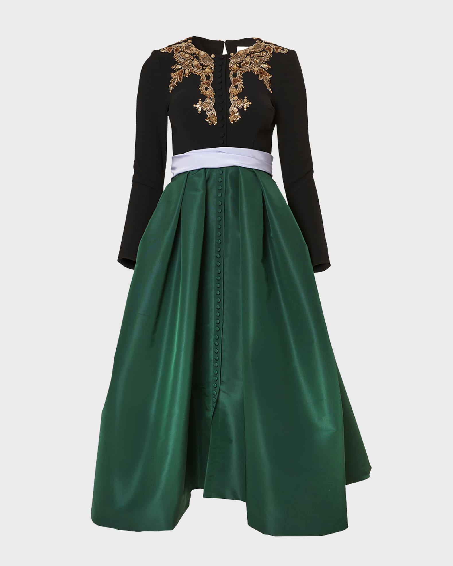 Carolina Herrera Embroidered Long-Sleeve Waist-Sash Silk Button-Front ...