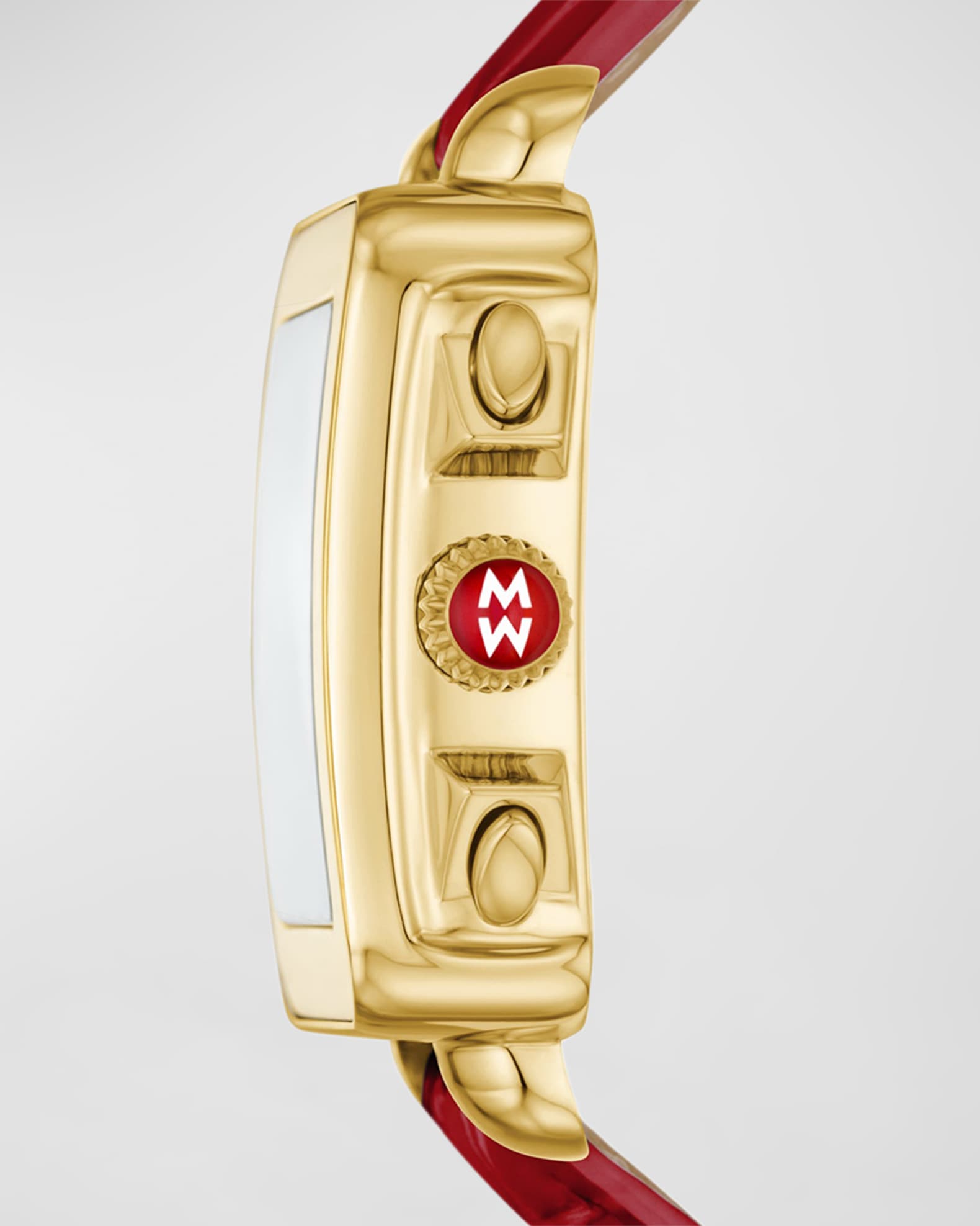 MICHELE Deco Sport 18K Gold Plated Ruby Red Leather Watch Neiman Marcus