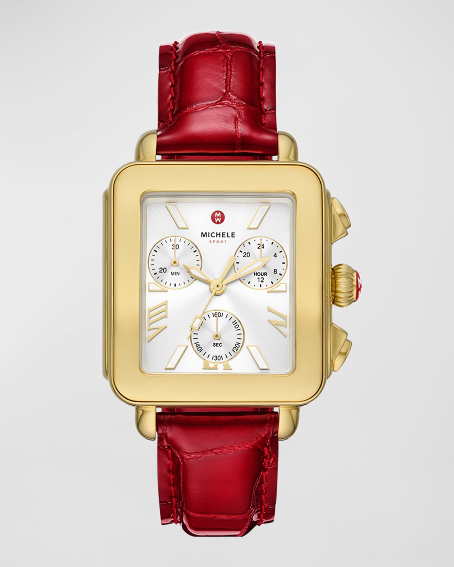 MICHELE Deco Sport 18K Gold Plated Ruby Red Leather Watch Neiman