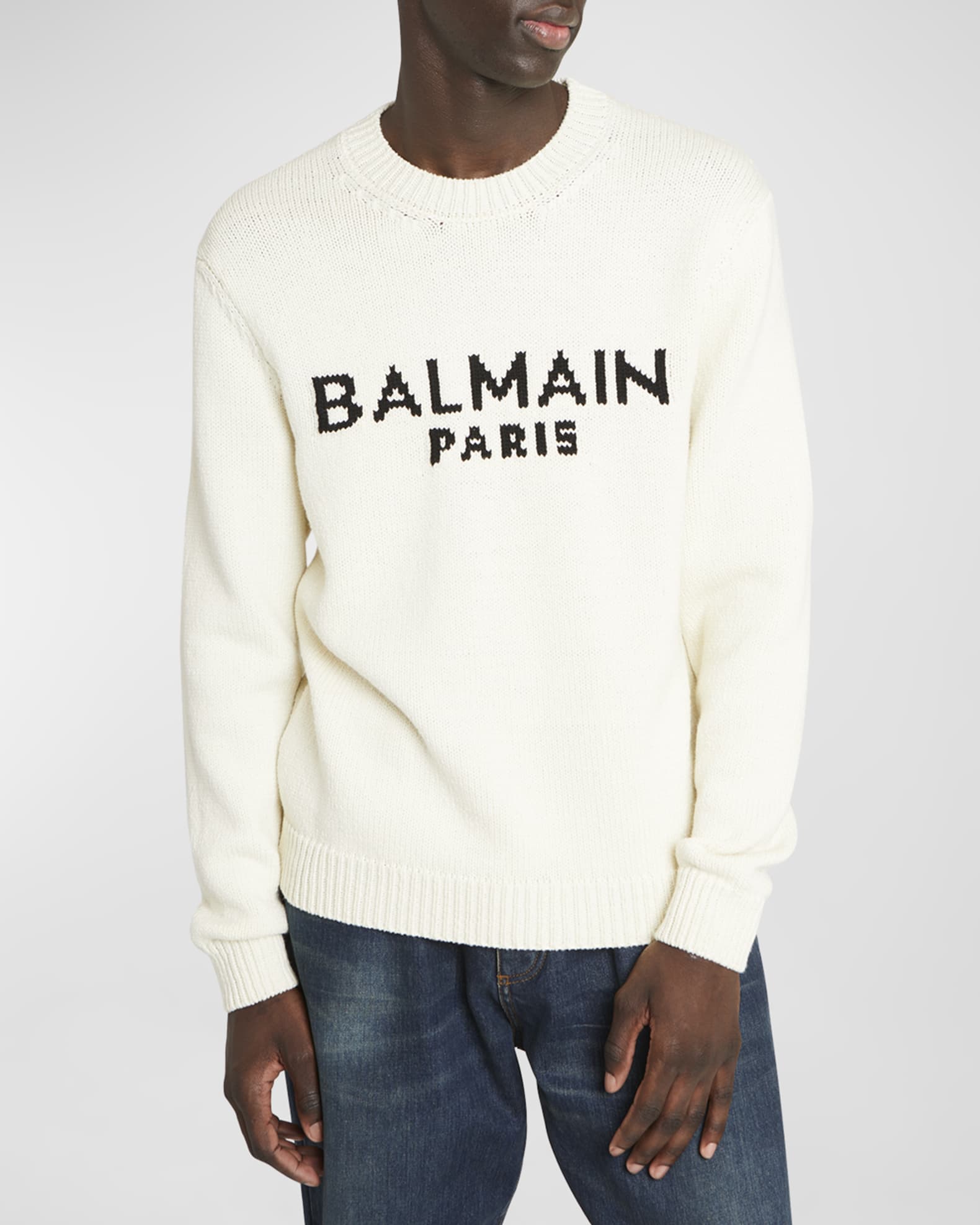 Balmain Men's Intarsia Logo Sweater Neiman Marcus