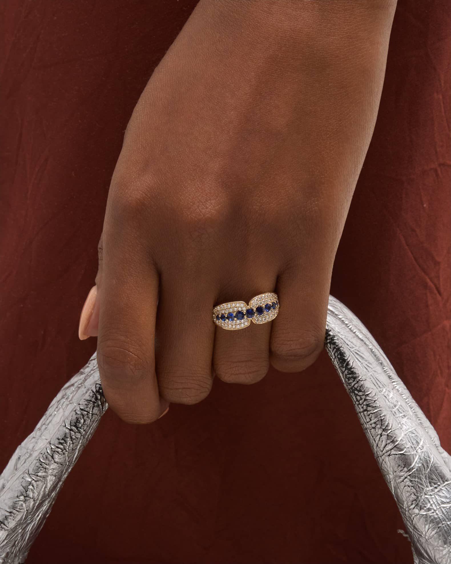 14K Albi Blue Sapphire and Diamond Band Ring, Size 7 1