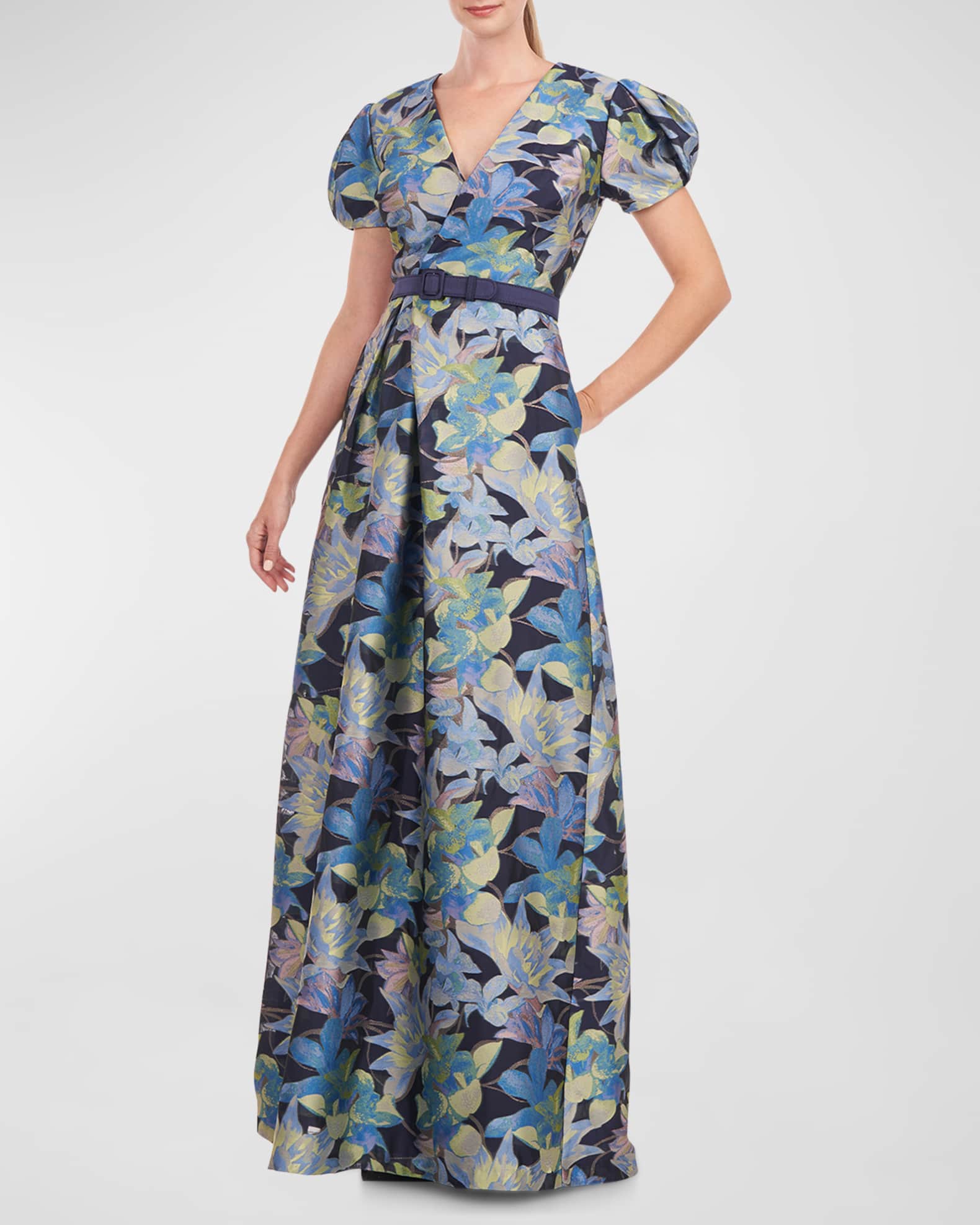Kay Unger New York Reynolds Floral-Print Puff-Sleeve Gown | Neiman Marcus