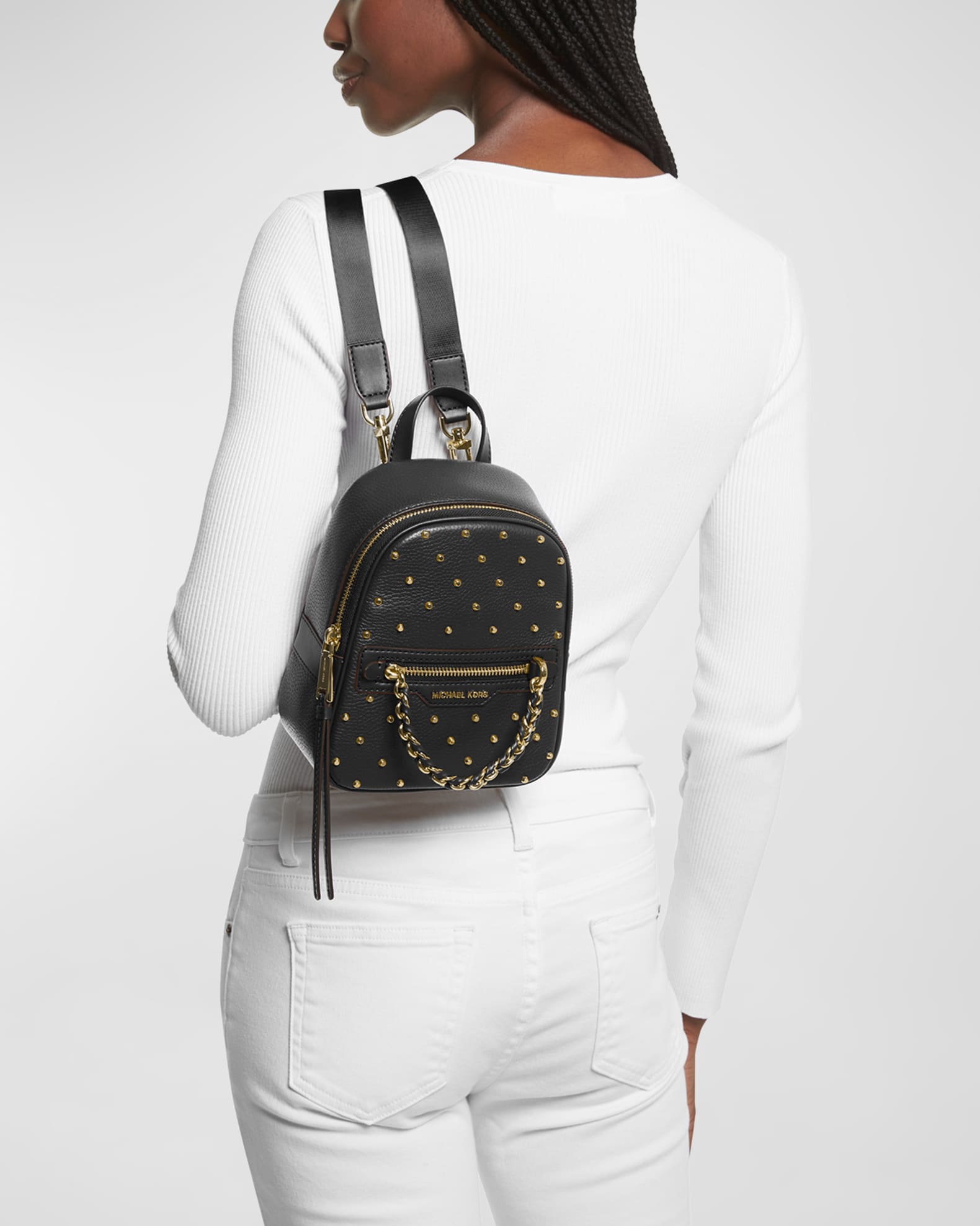 White Quilted Gold Studded Small Backpack