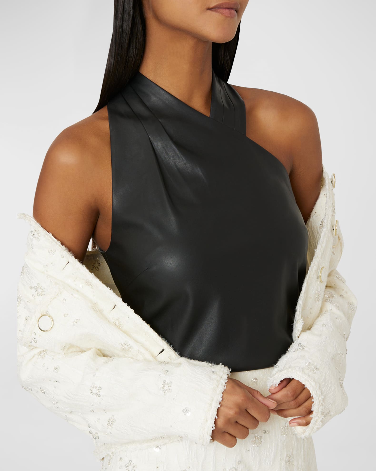 Milly Preston Pleated Vegan Leather Halter Top Neiman Marcus