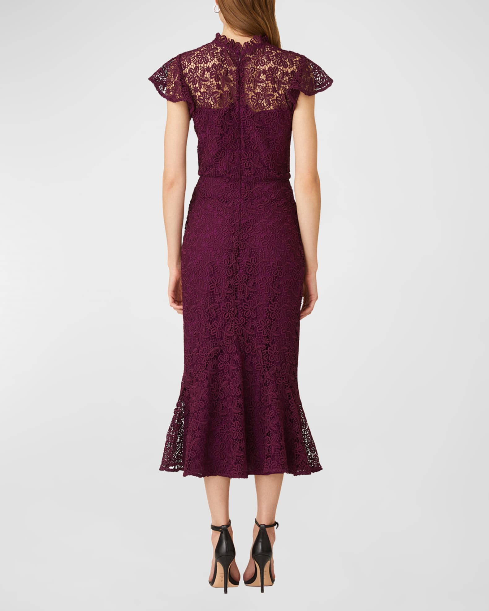 Shoshanna Lea Flutter-Sleeve Floral Lace Midi Dress | Neiman Marcus