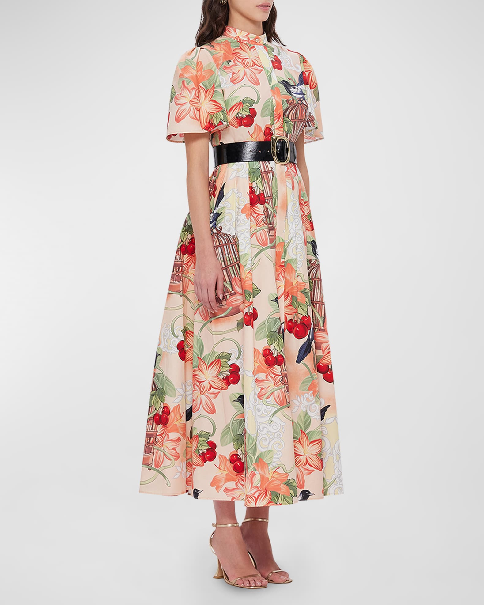 LEO LIN Bianca Pleated Botanical-Print Midi Dress | Neiman Marcus