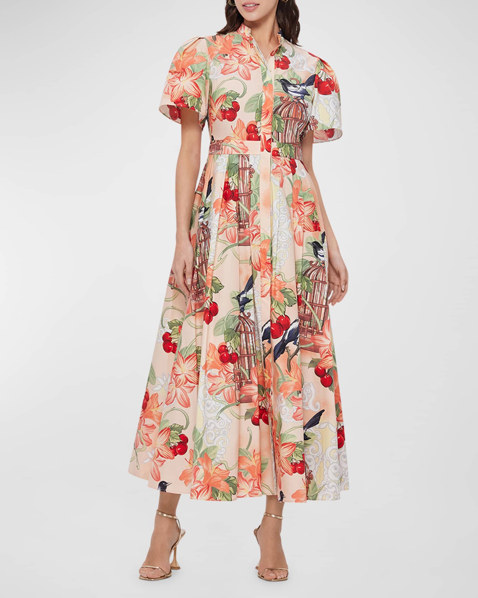 LEO LIN Bianca Pleated Botanical-Print Midi Dress | Neiman Marcus