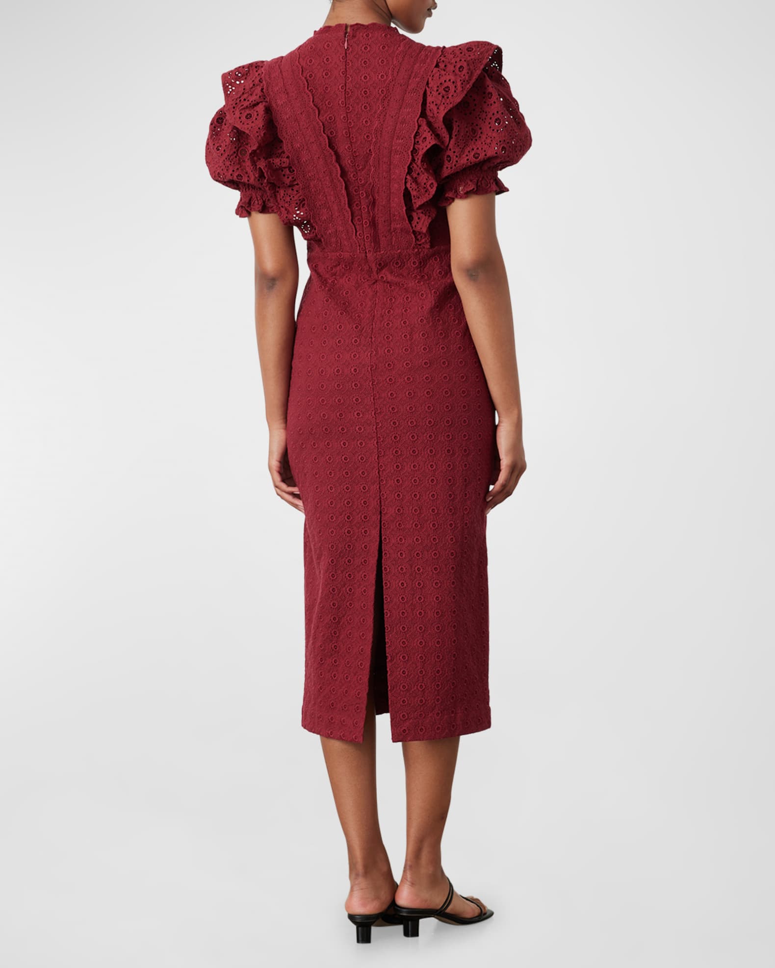 JOSLIN Nadiya Puff-Sleeve Eyelet Ruffle Midi Dress | Neiman Marcus