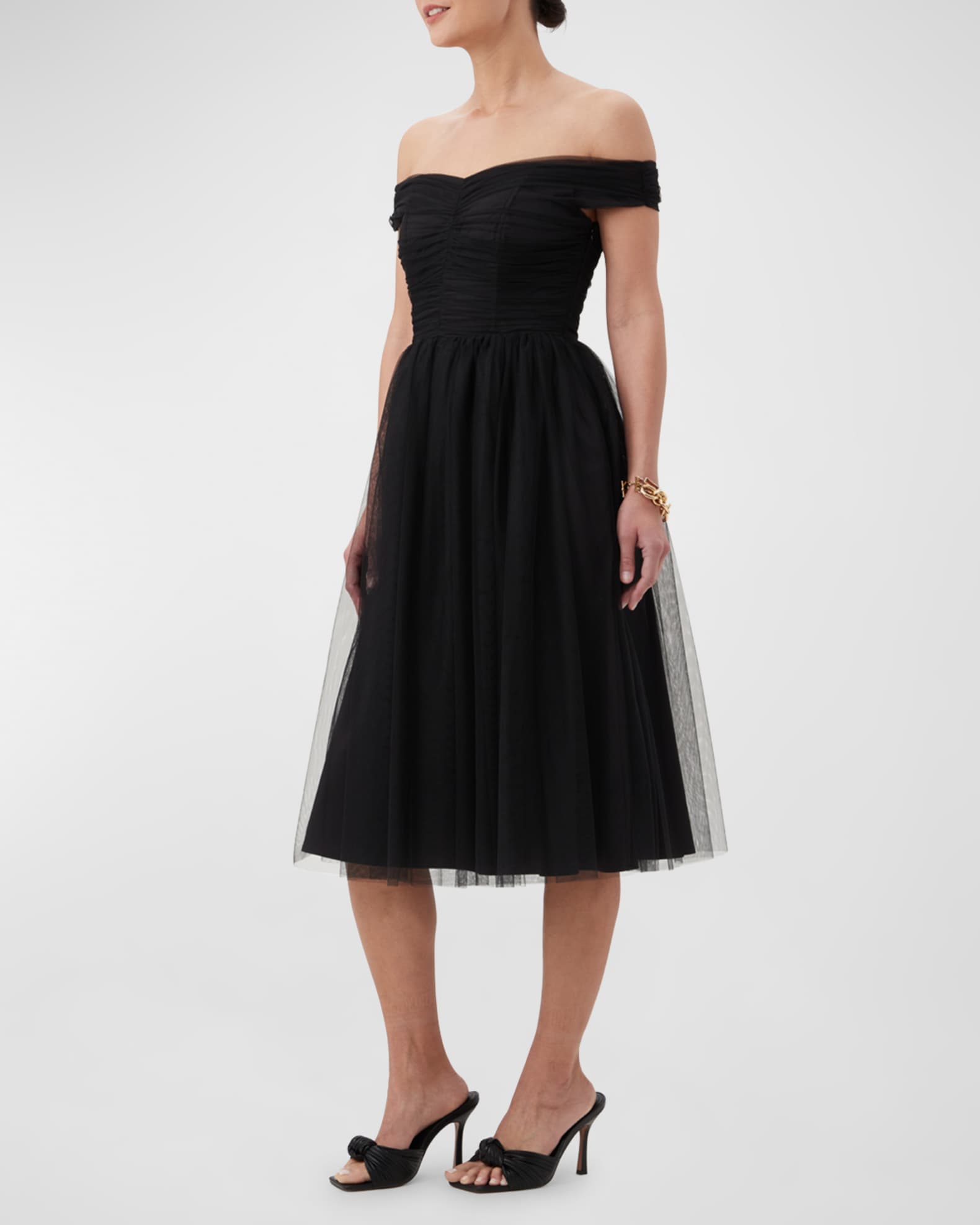 Trina Turk Renai Off-Shoulder Tulle Midi Dress | Neiman Marcus