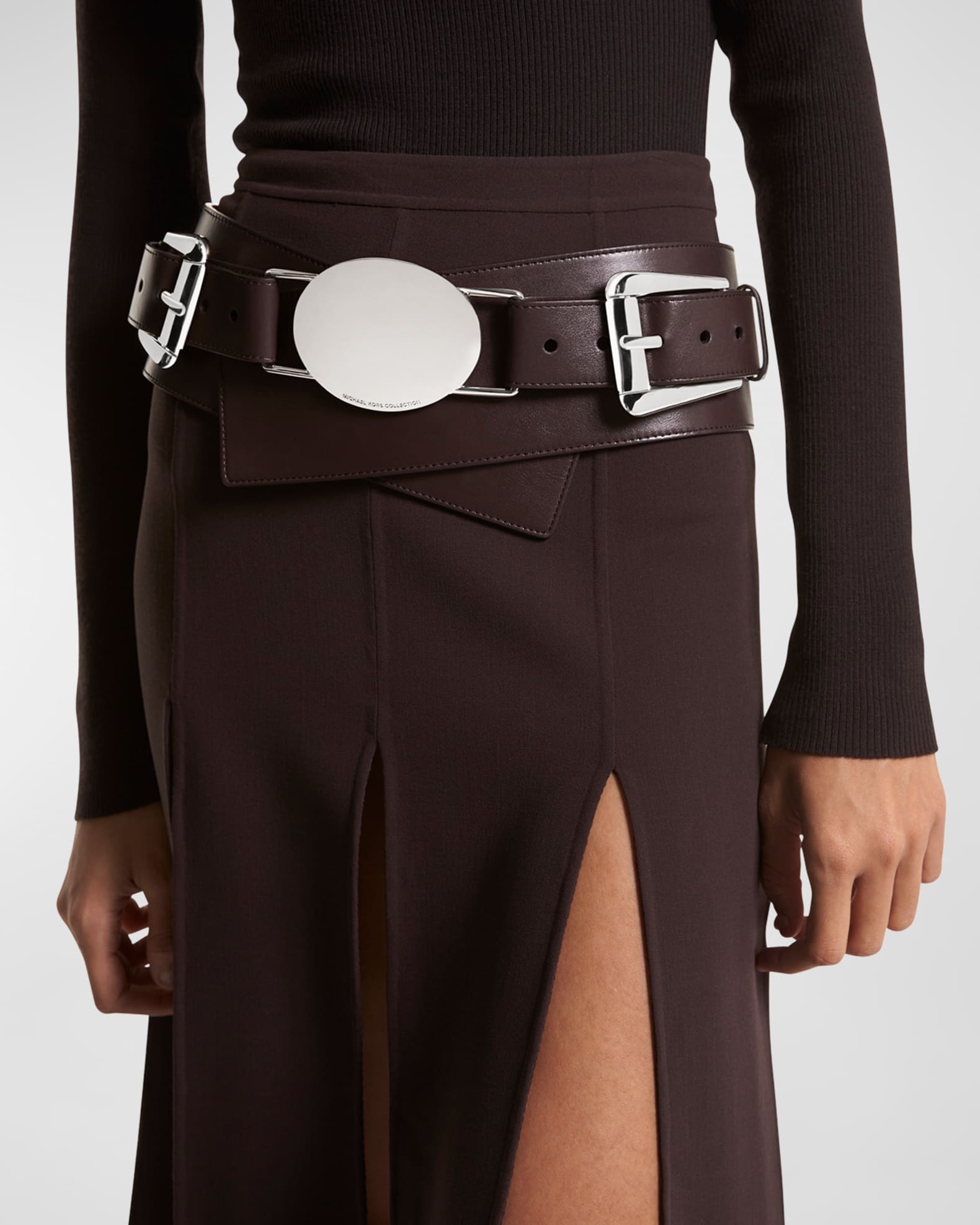 Michael Kors Collection Leather Double-Buckle Wide Hip Belt, Brown, Women's, S, Belts Leather Belts