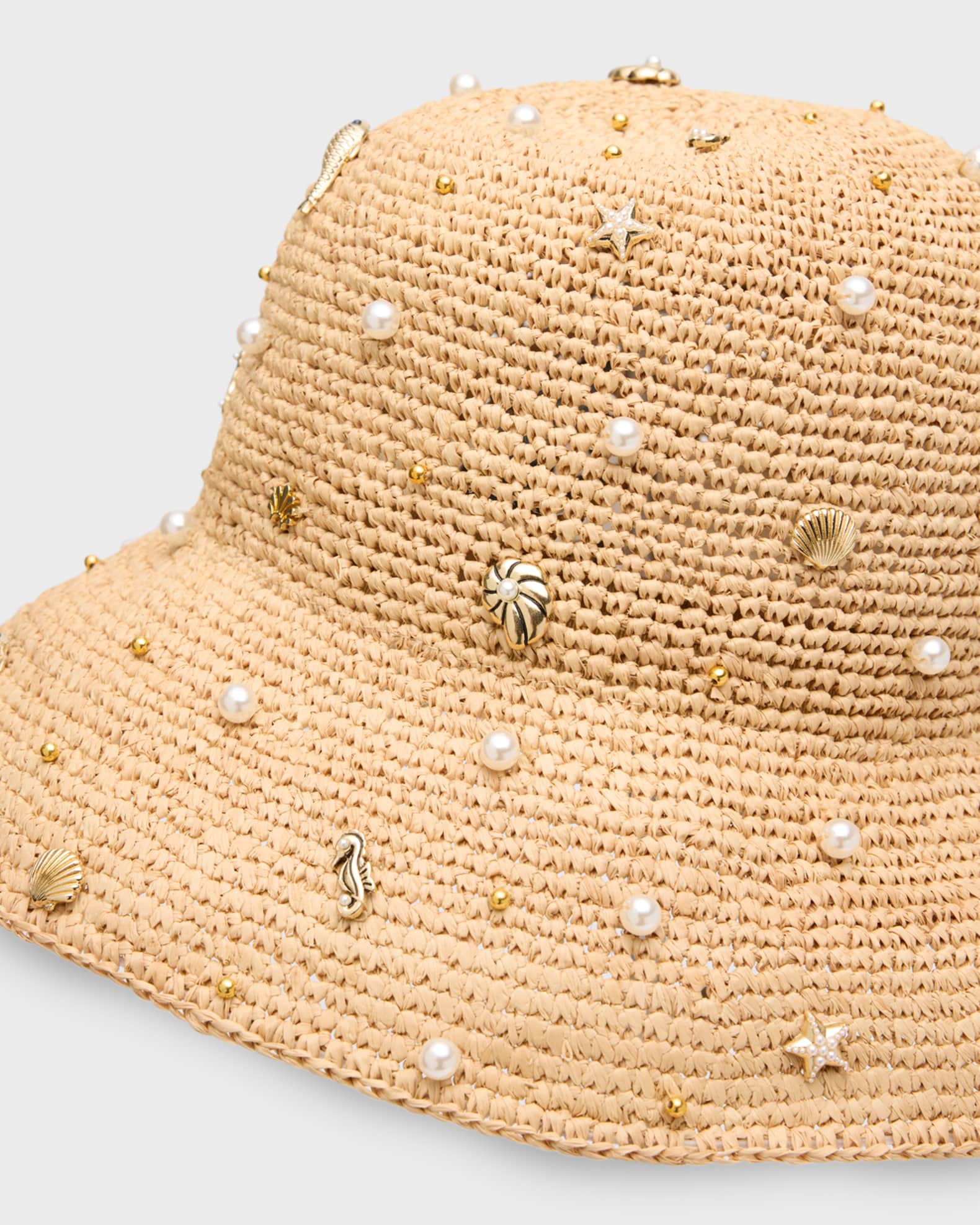 Lele Sadoughi Sea Life Embellished Raffia Bucket Hat | Neiman Marcus