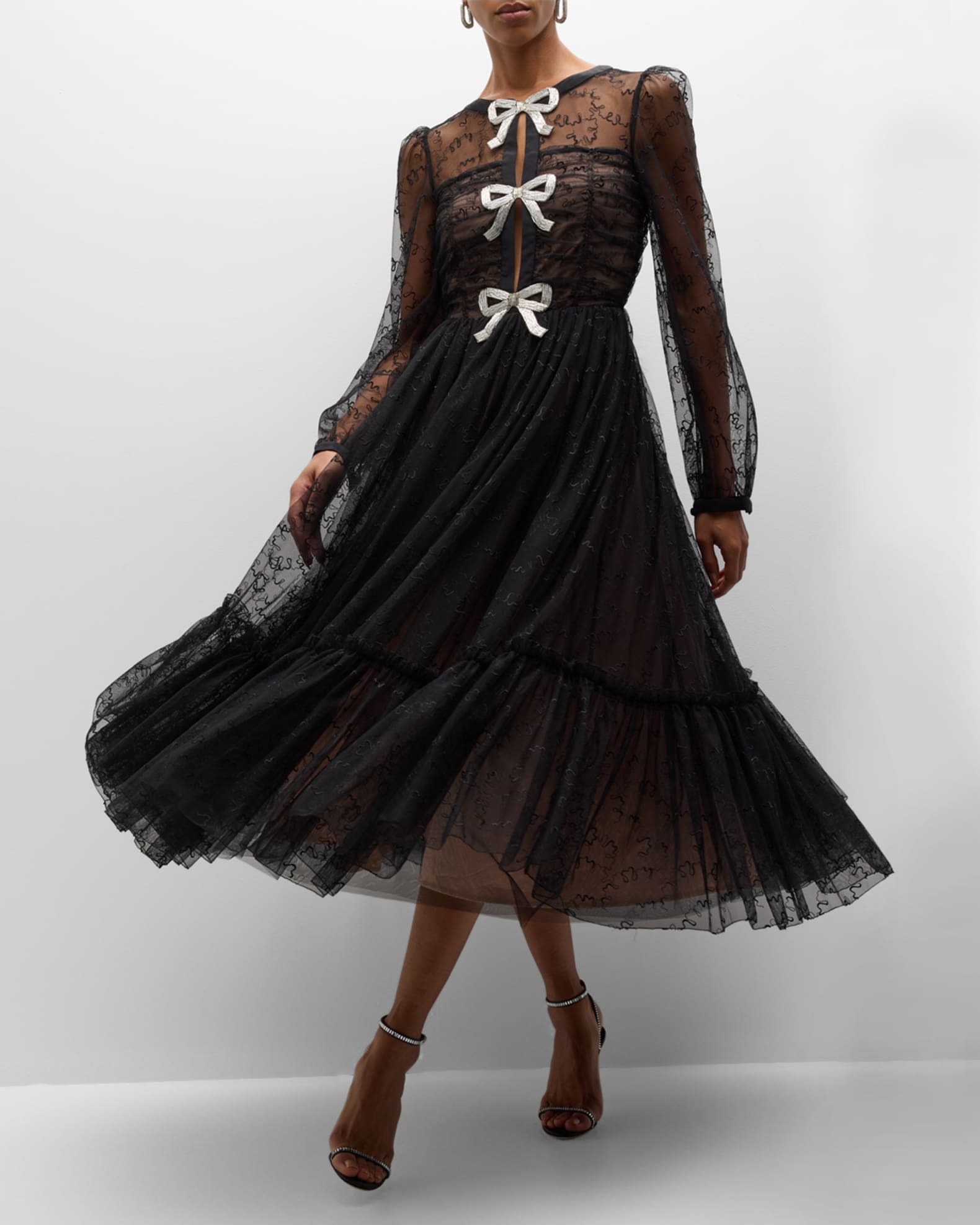 Saloni Camille Bow Embellished Tulle Midi Dress Neiman Marcus