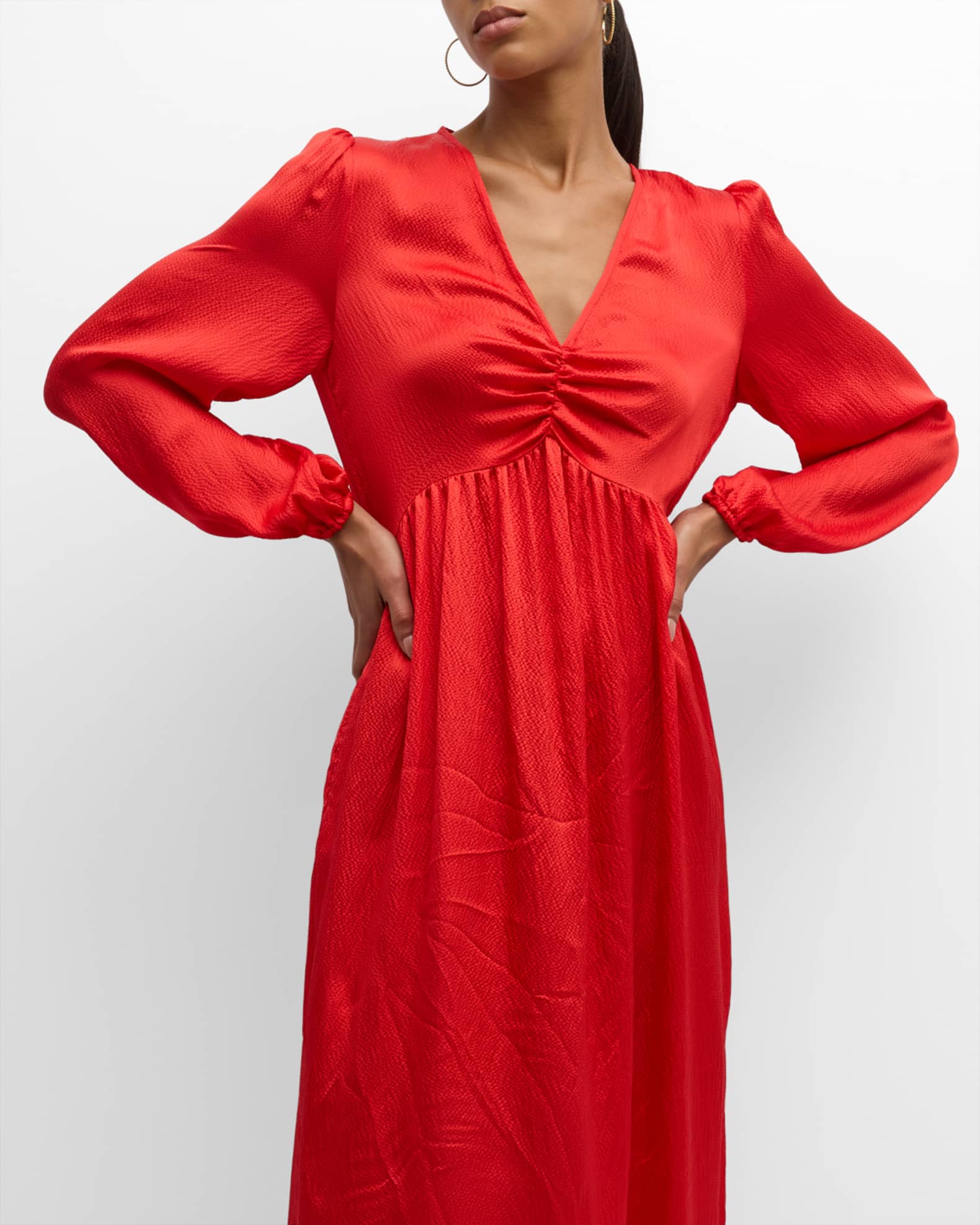 Xirena Eloise Ruched BlousonSleeve Empire Midi Dress Neiman Marcus
