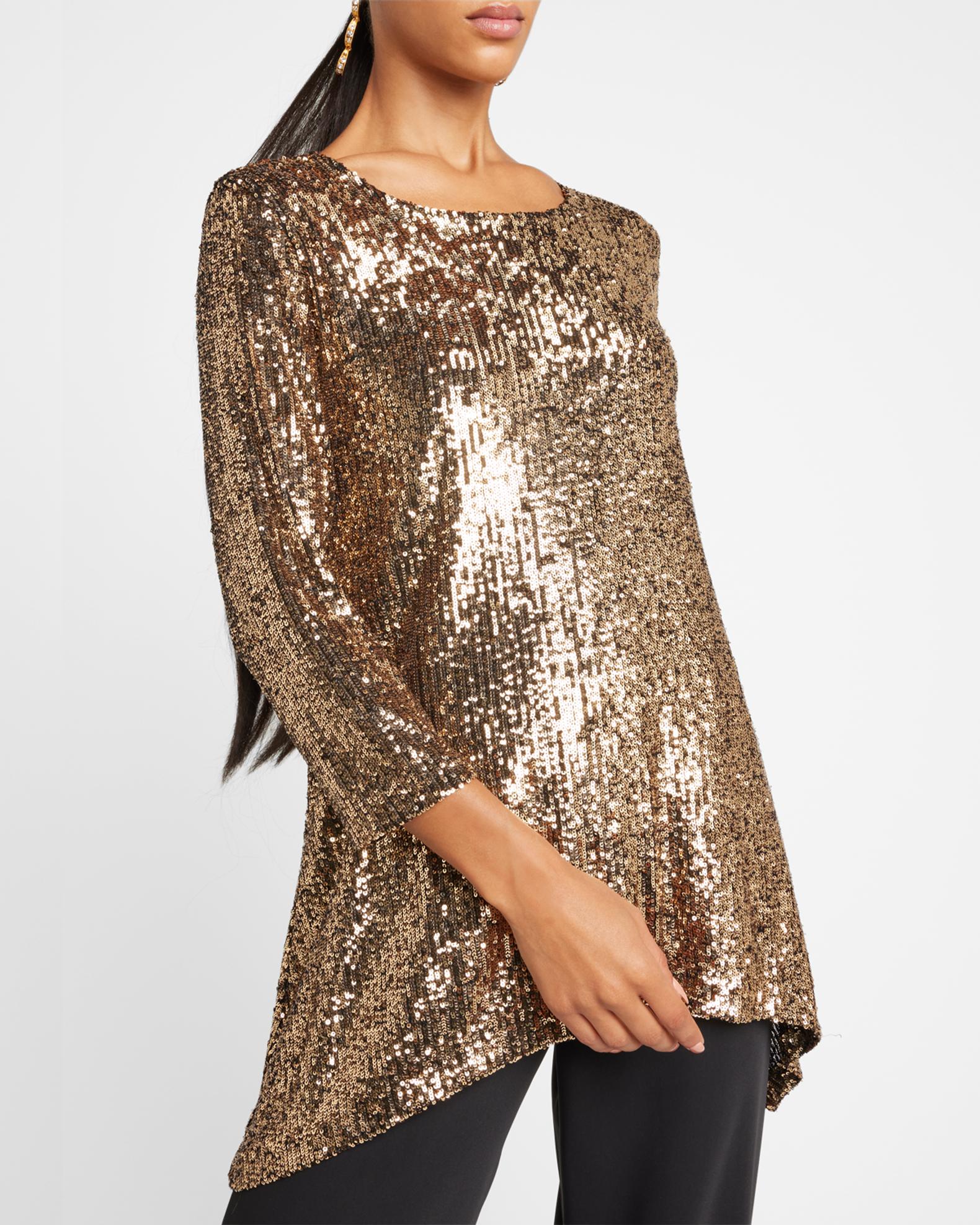Caroline Rose 3/4-Sleeve Sequin Sidefall Tunic | Neiman Marcus
