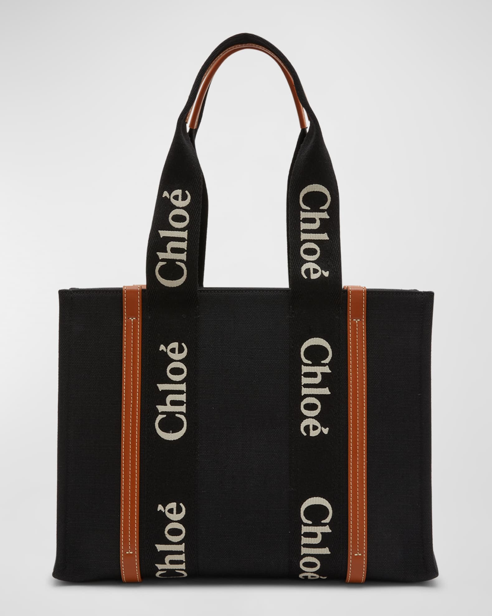 Chloé Woody Large Leather-trimmed Cotton-canvas Tote in White