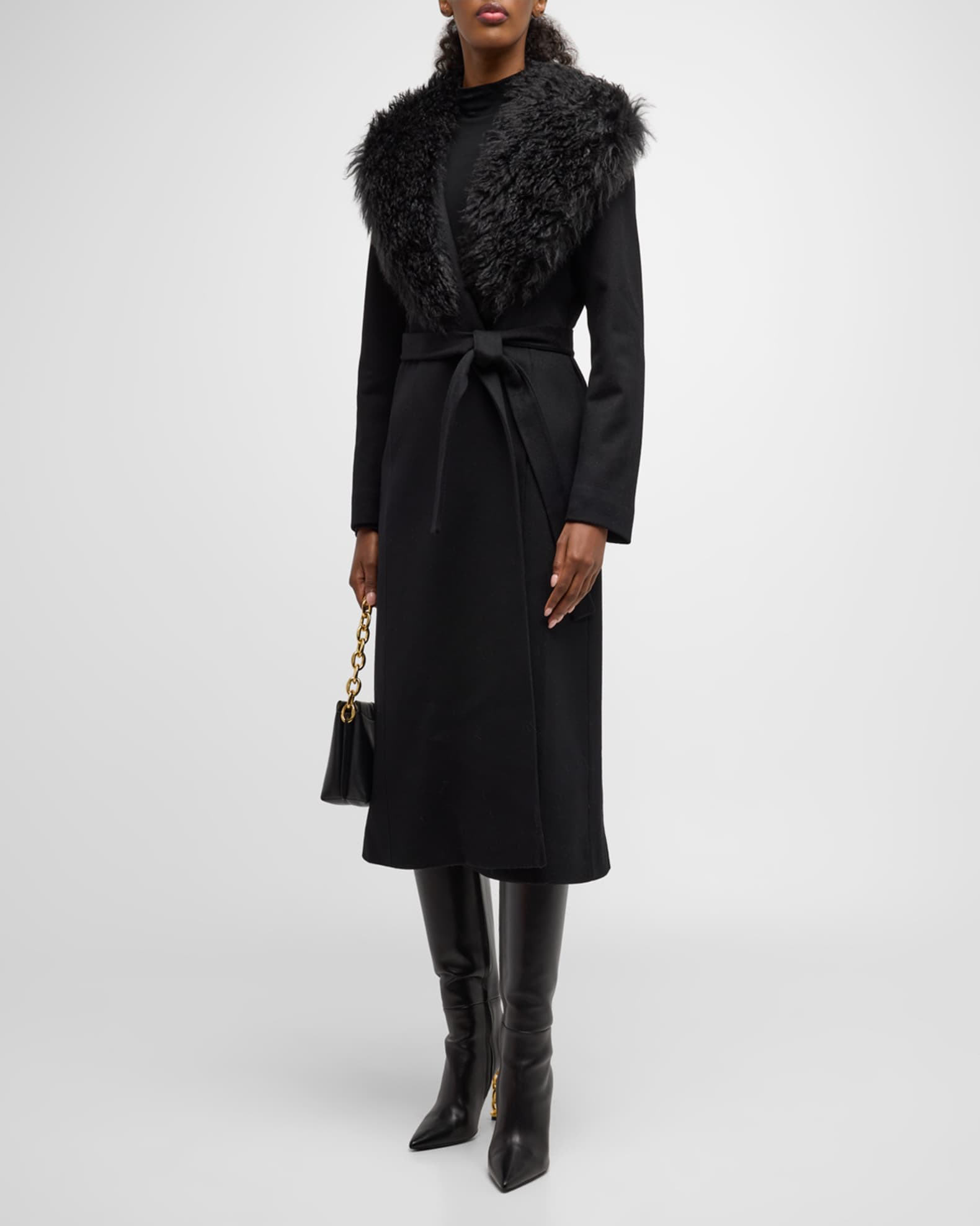 Fleurette Skylar Belted Wool Wrap Coat with Mohair Blend Trim