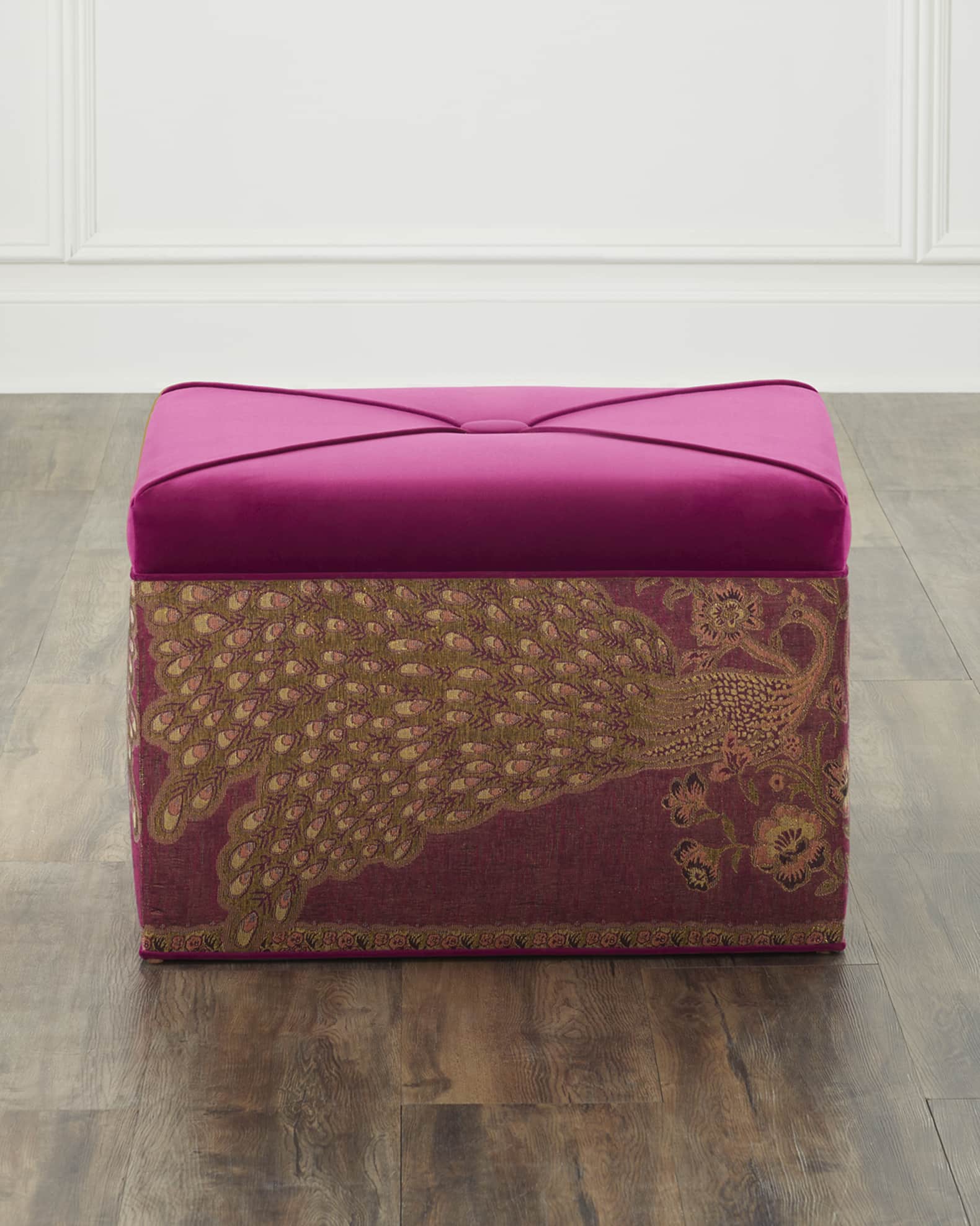 Jacquard Peacock Square Velvet Ottoman 0