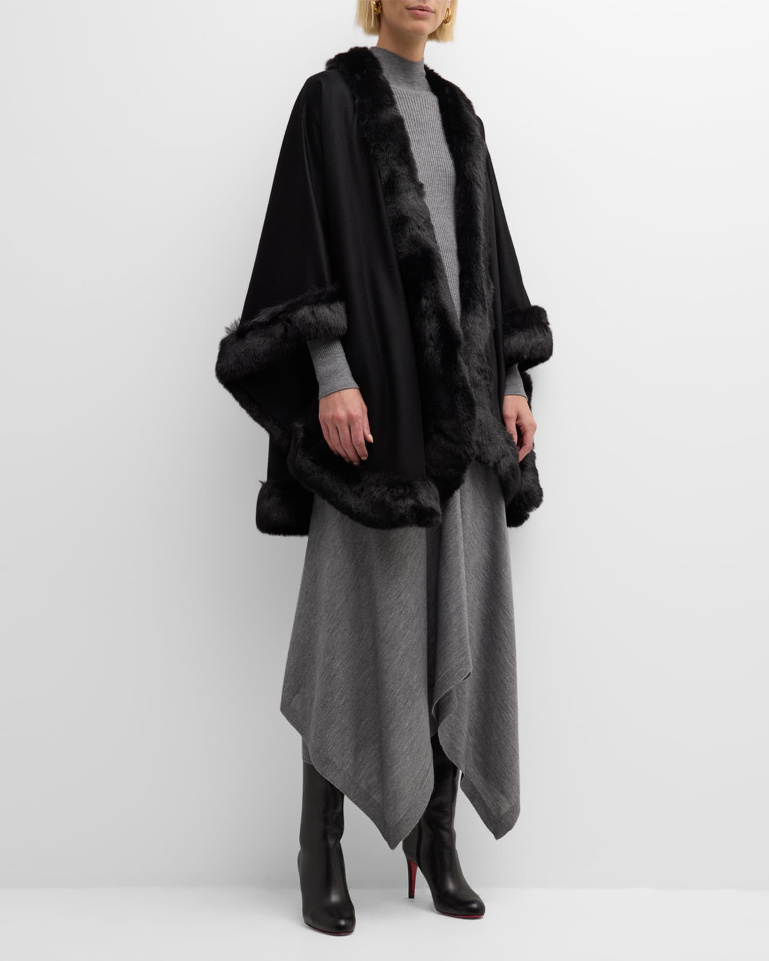 Faux Fur Trim Cashmere Cape  1