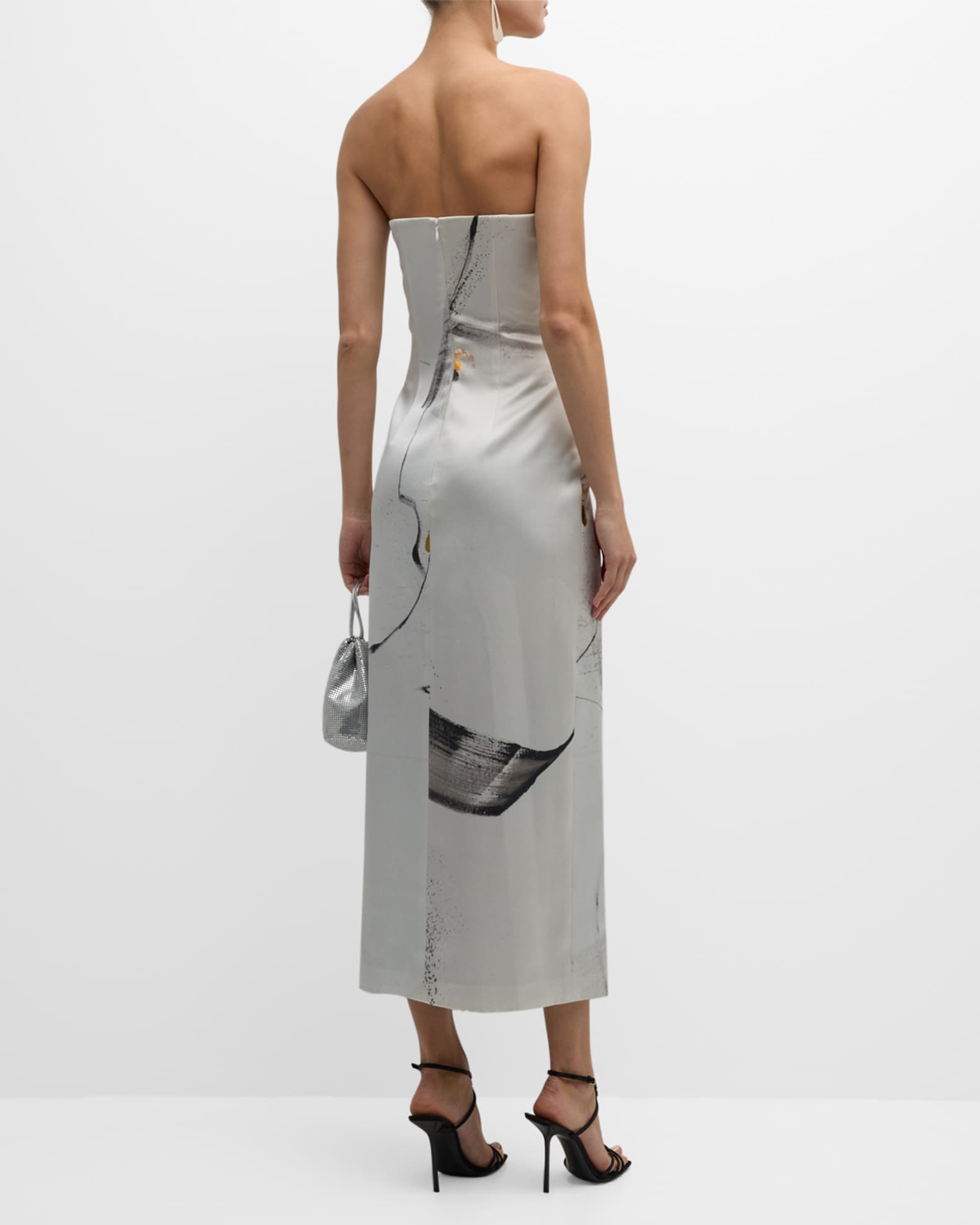 KOLTSON Strapless Abstract-Print Silk Bustier Midi Dress | Neiman Marcus