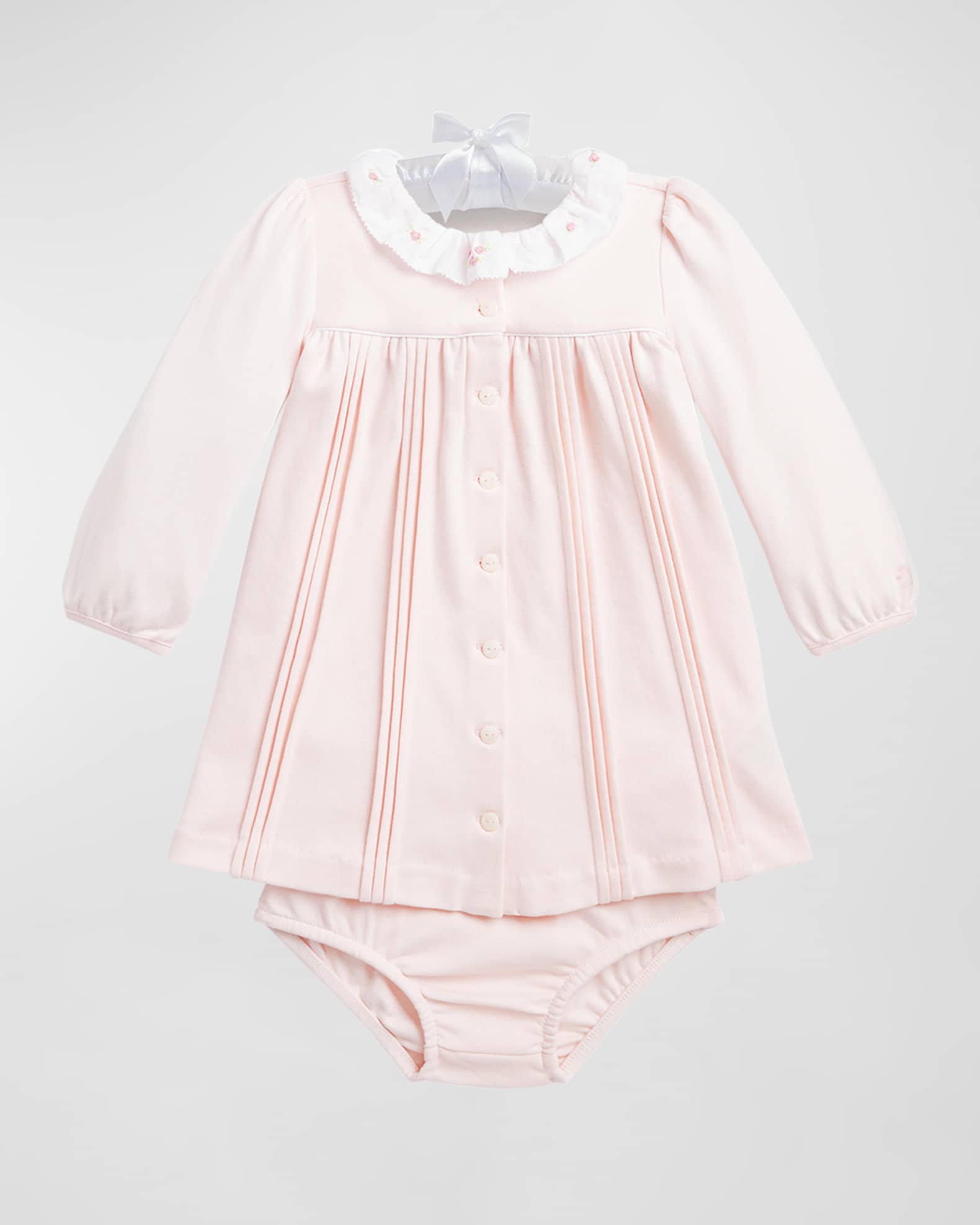 Girl's Interlock Knit Pintuck Day Dress with Bloomers, Size 3M-24M