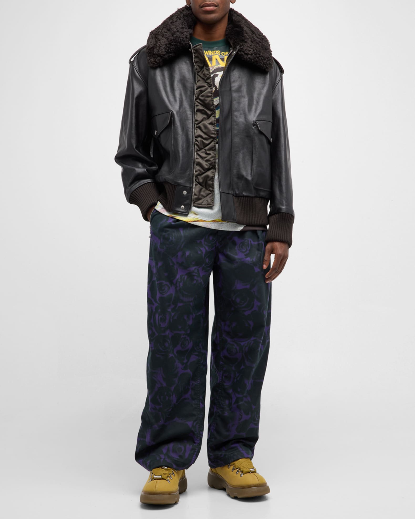 Men s Leather Shearling Collar Aviator Jacket