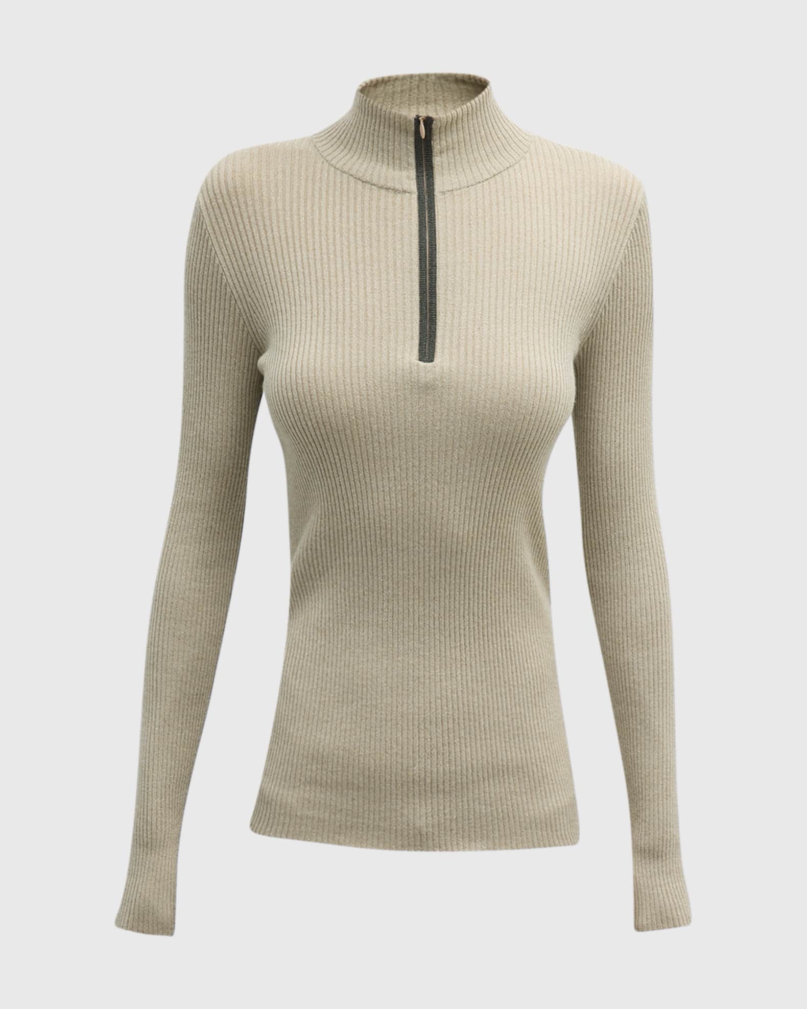 3/4-Zip Mock-Neck Metallic Cashmere-Silk Sweater With Monili PLacket