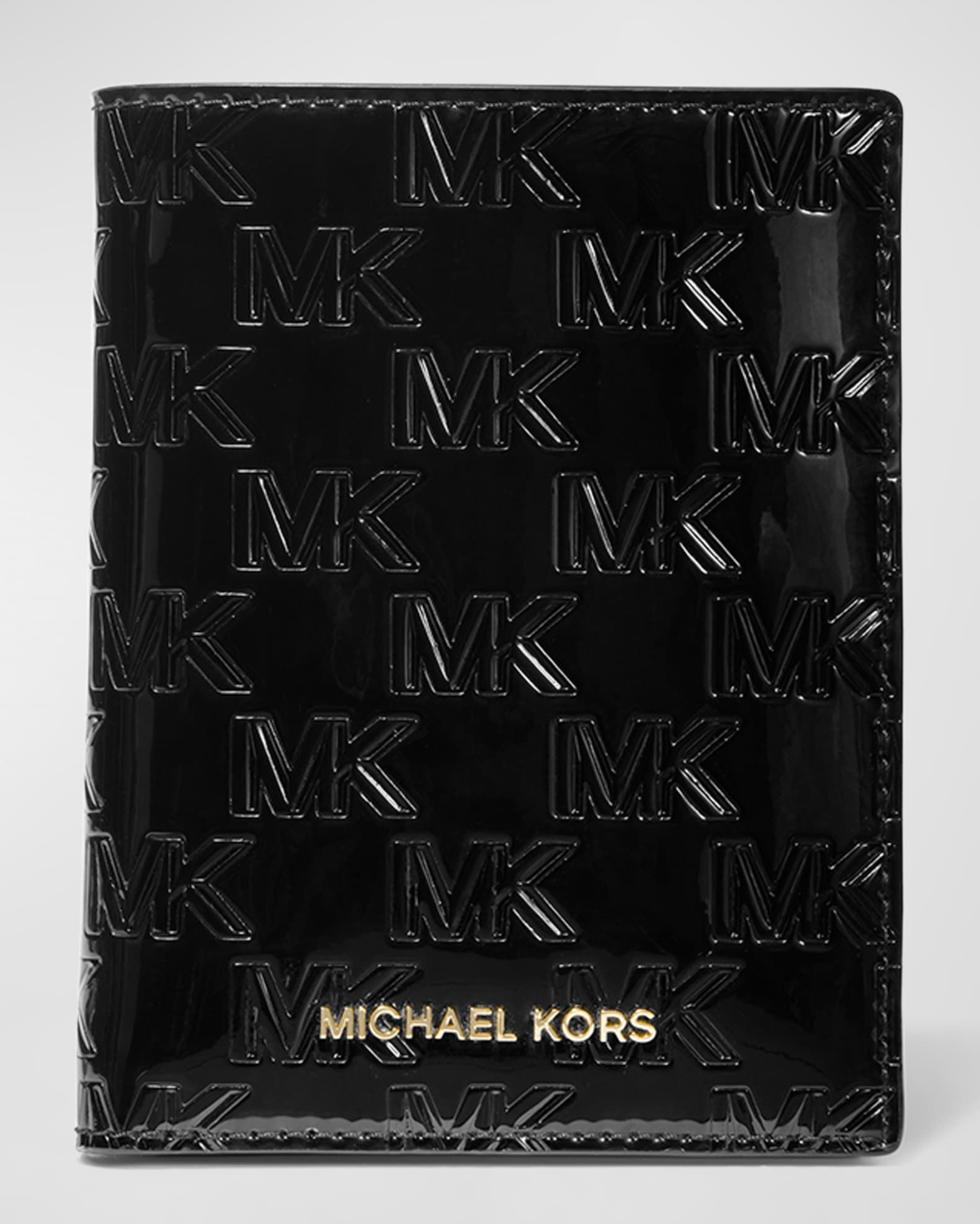 Michael Kors Black Patent Leather MK Embossed Zip Around Wallet