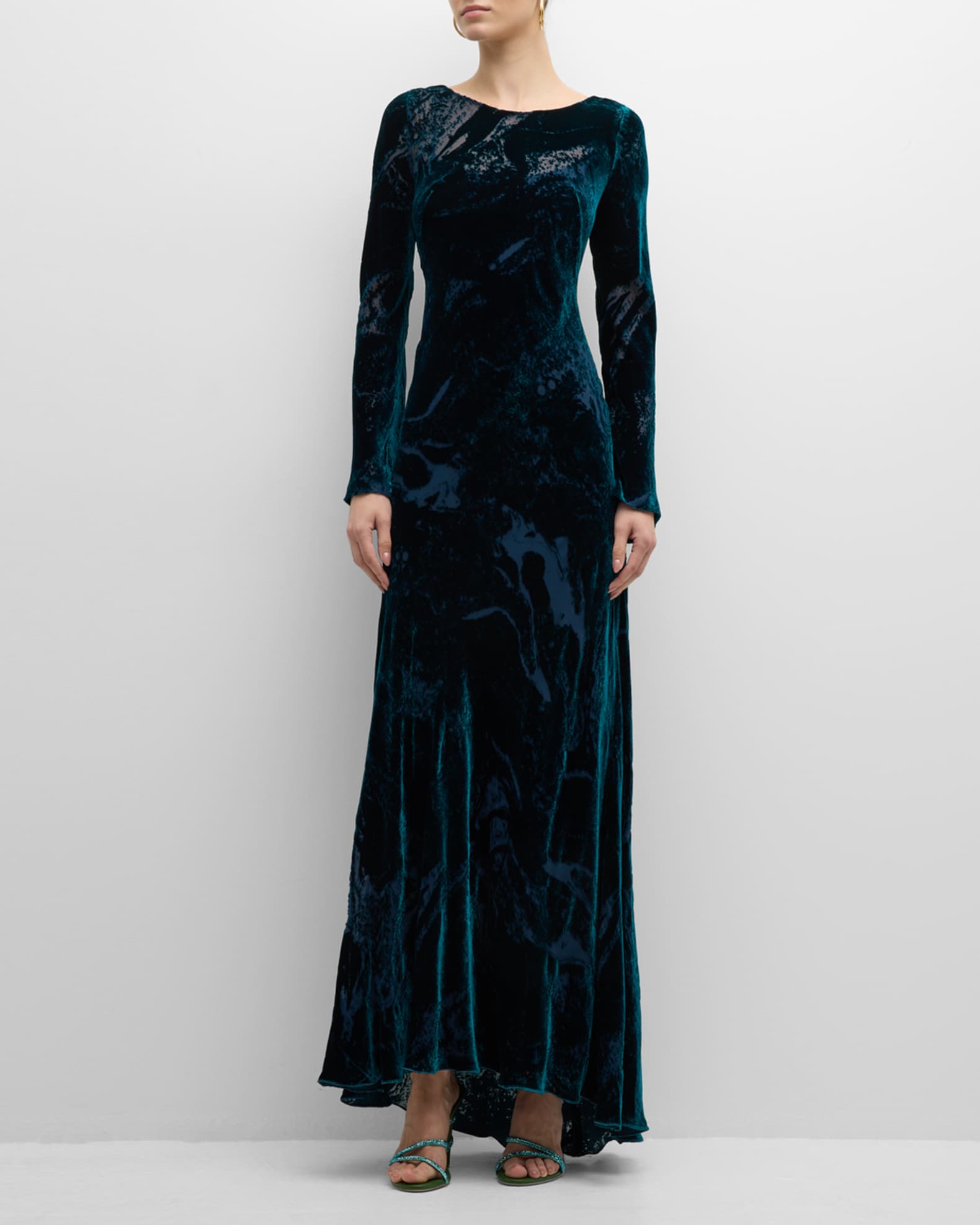 Alberta Ferretti Burnout Velvet Long-Sleeve Gown | Neiman Marcus