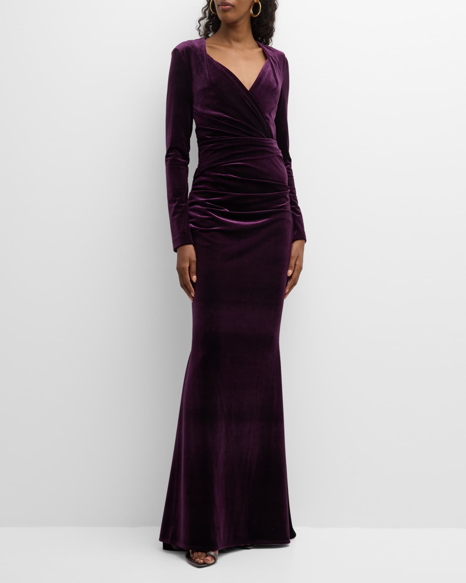 Talbot Runhof Draped Stretch Velvet Long-Sleeve Gown | Neiman Marcus