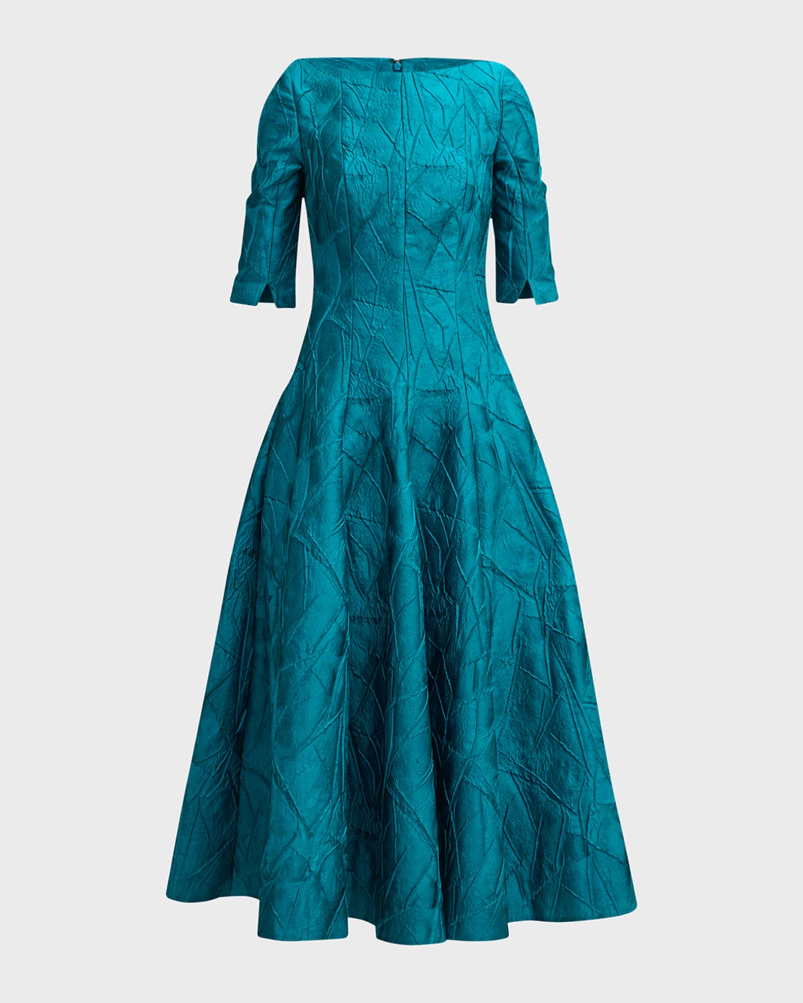 Talbot Runhof Mikado Jacquard 3 4 Sleeve Fit Flare Midi Dress