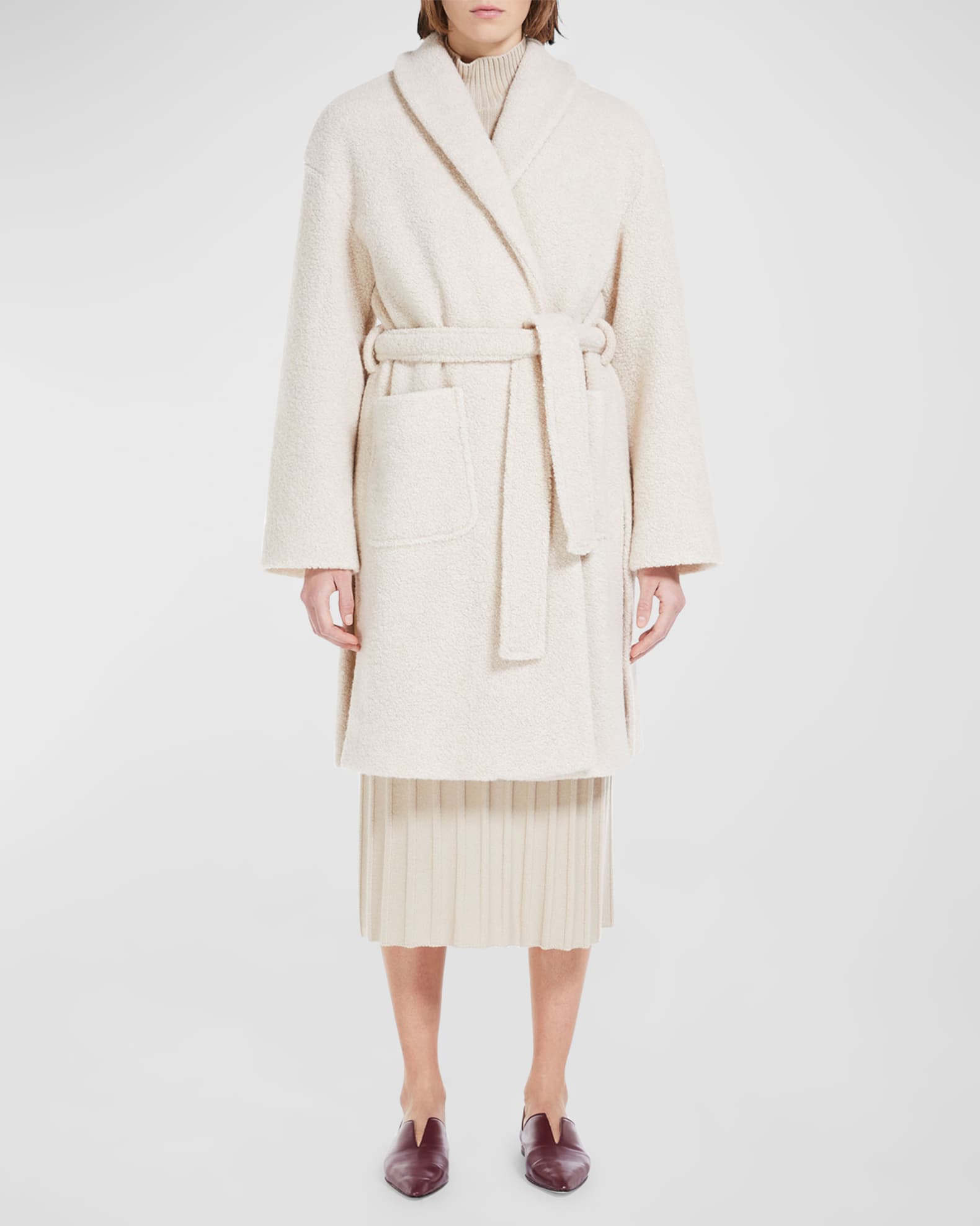 Max Mara Leisure Belted Shawl Collar Boucle Wool Wrap Coat