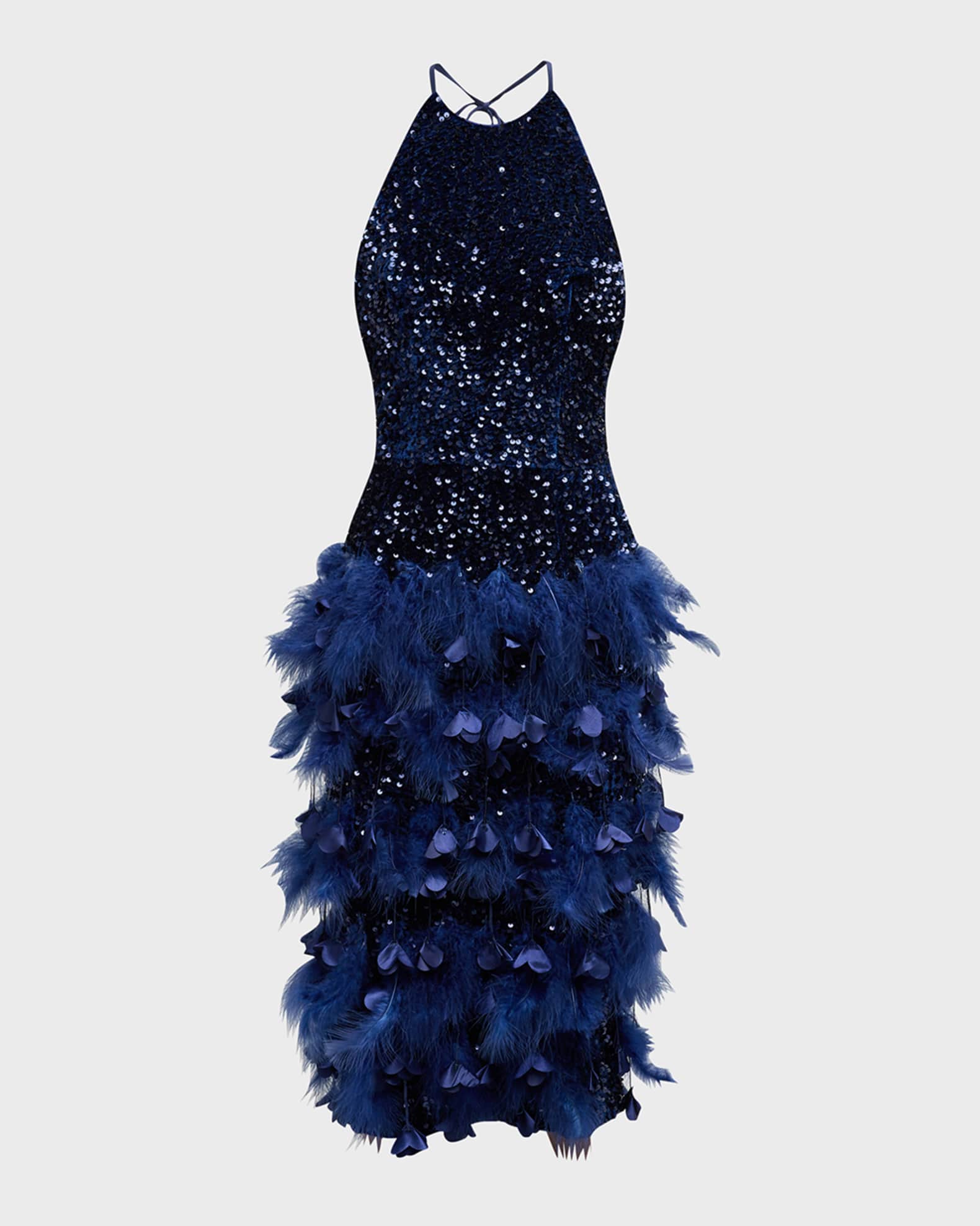 HELSI Nadia Feather-Trim Sequin Halter Midi Dress | Neiman Marcus